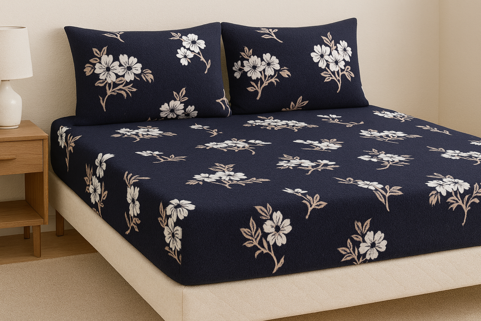 Woolen Double 320 TC Floral Bedsheet - Dark Blue
