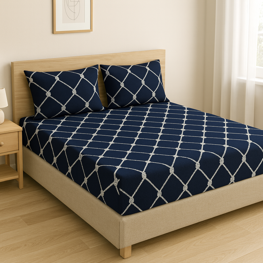 Woolen Double 320 TC Bedsheet - Rope Blue