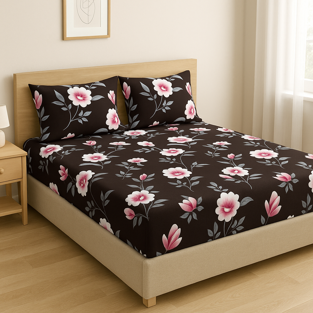 Woolen Double 320 TC Floral Bedsheet - Dark Blue