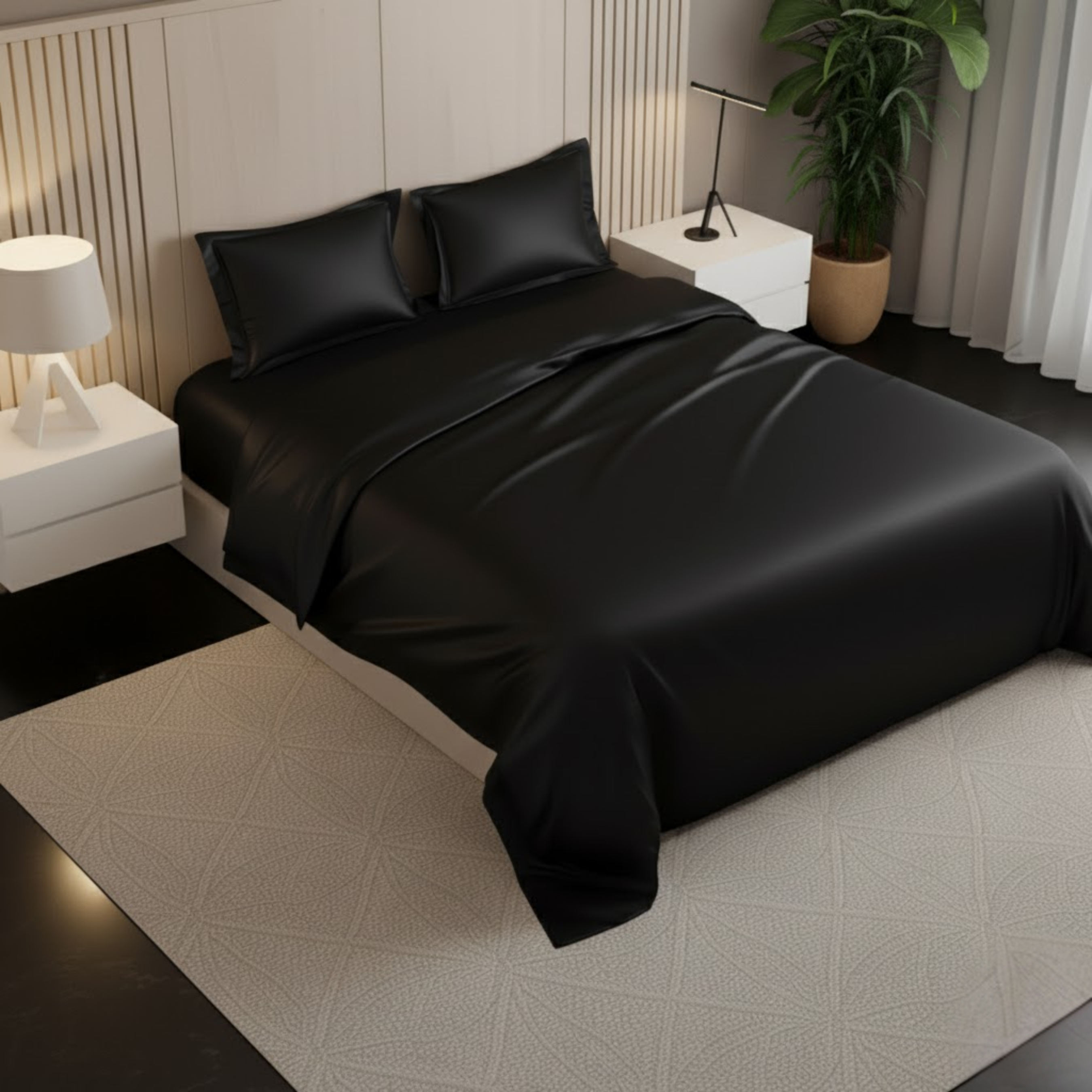 Azure Satin Fitted Bedsheet Set - Black