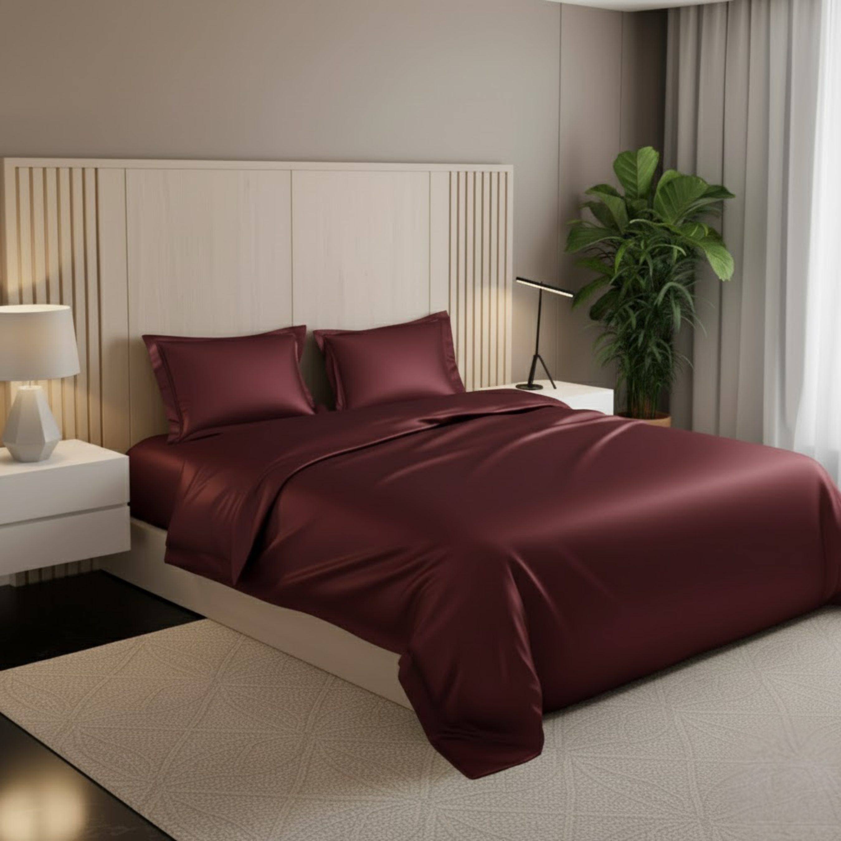 Azure Satin Fitted Bedsheet Set - Wine