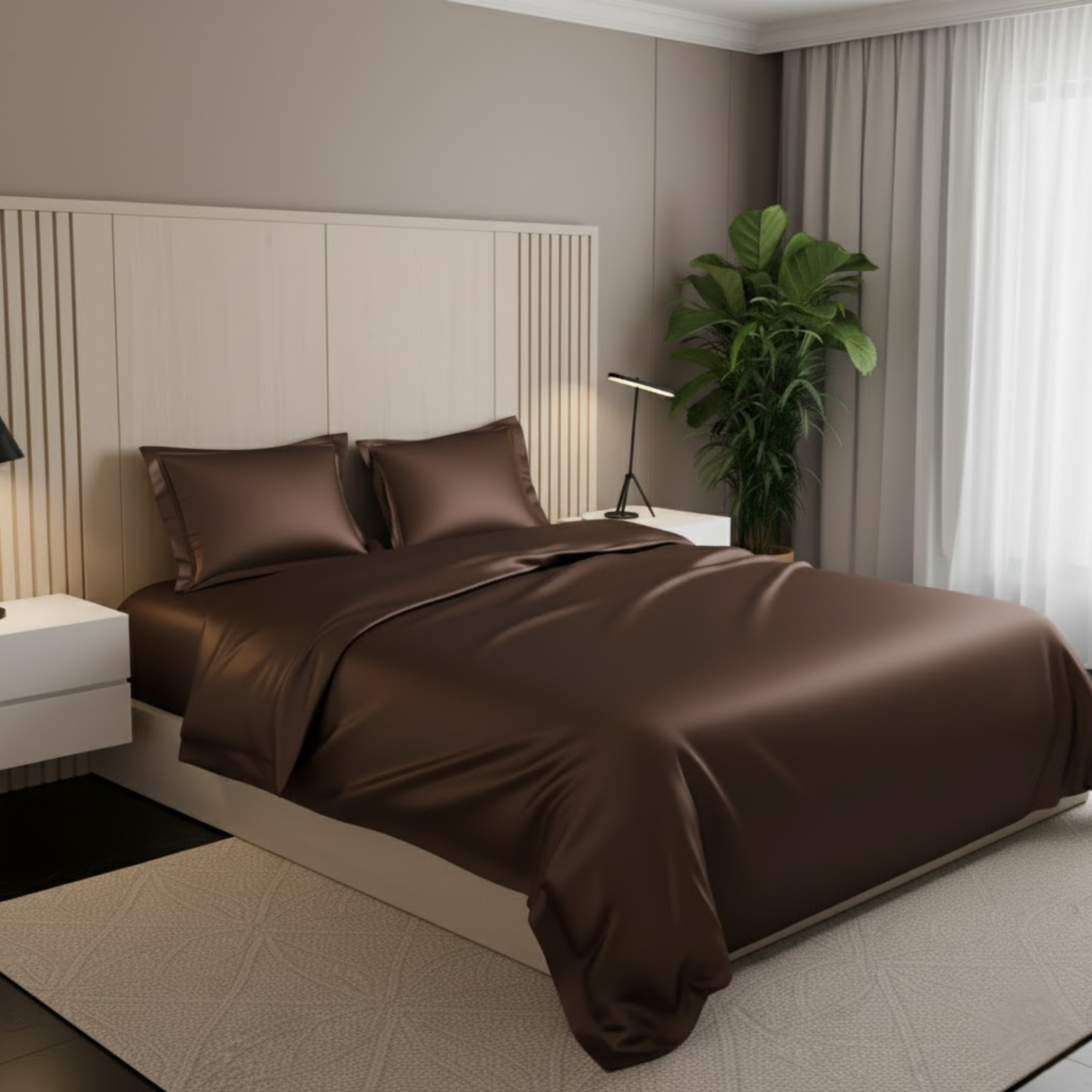 Azure Satin Fitted Bedsheet Set - Coffee