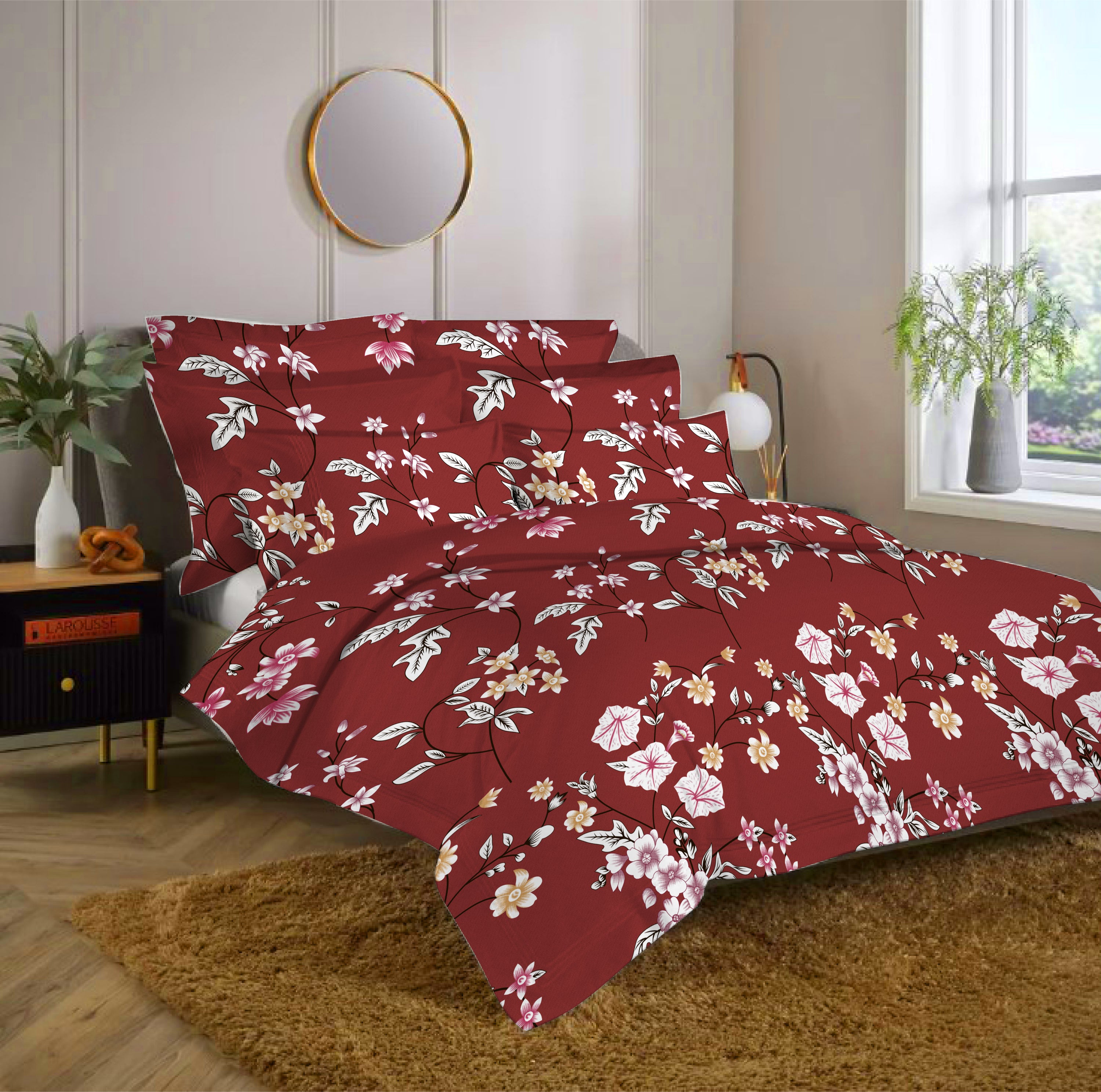 Pale Red Floral Double Bedsheet Set