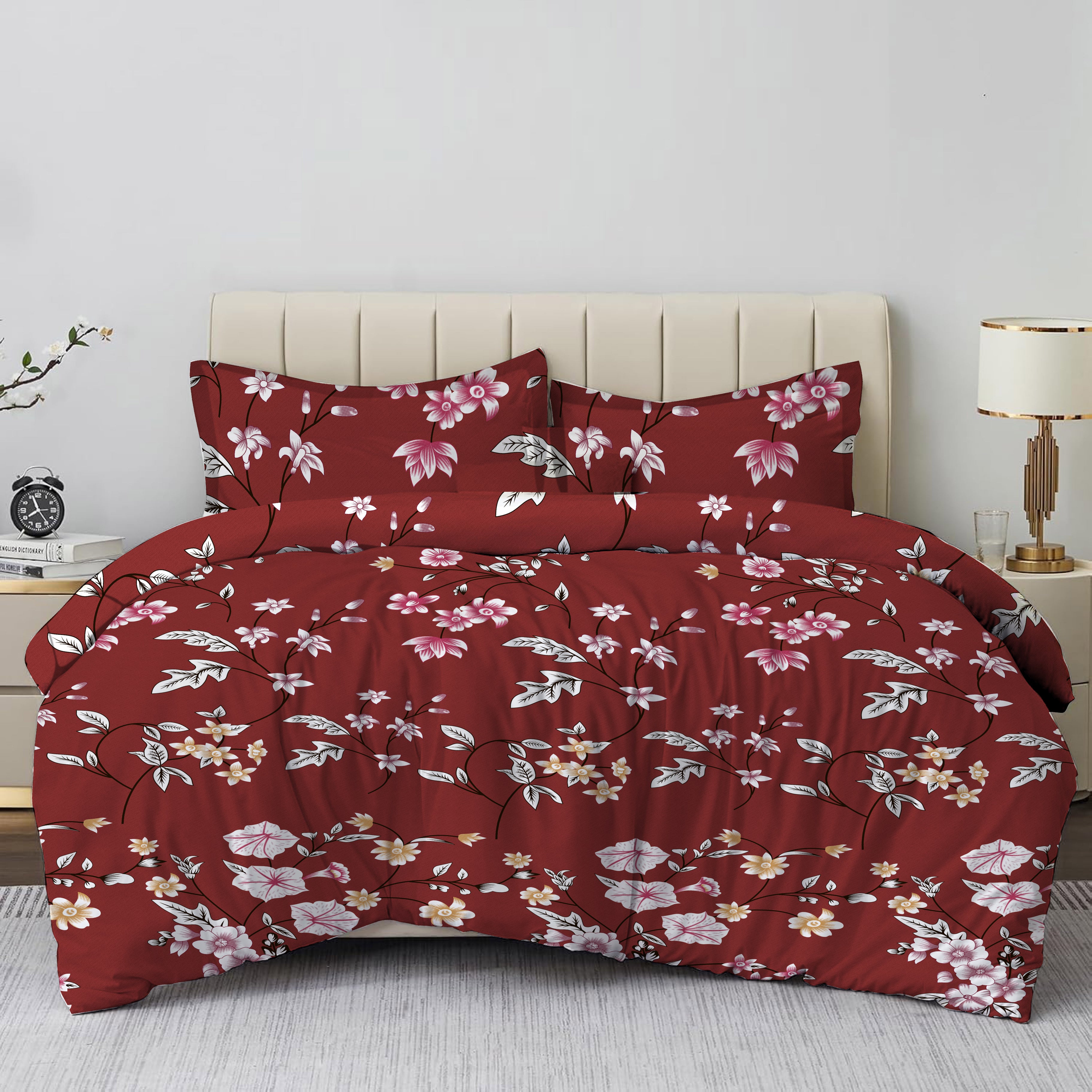 Pale Red Floral Double Bedsheet Set