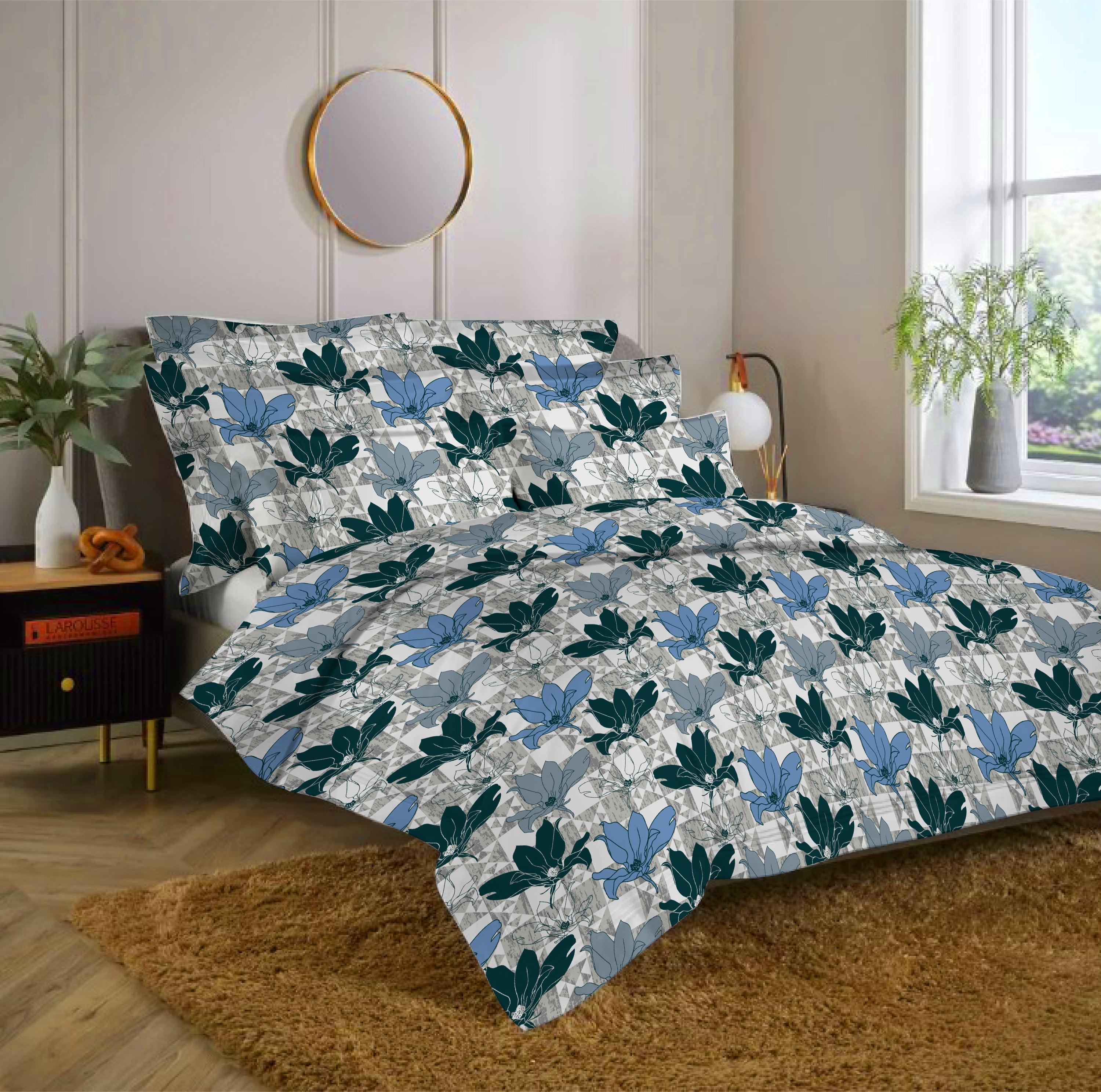 Blue Floral Double Bedsheet Set