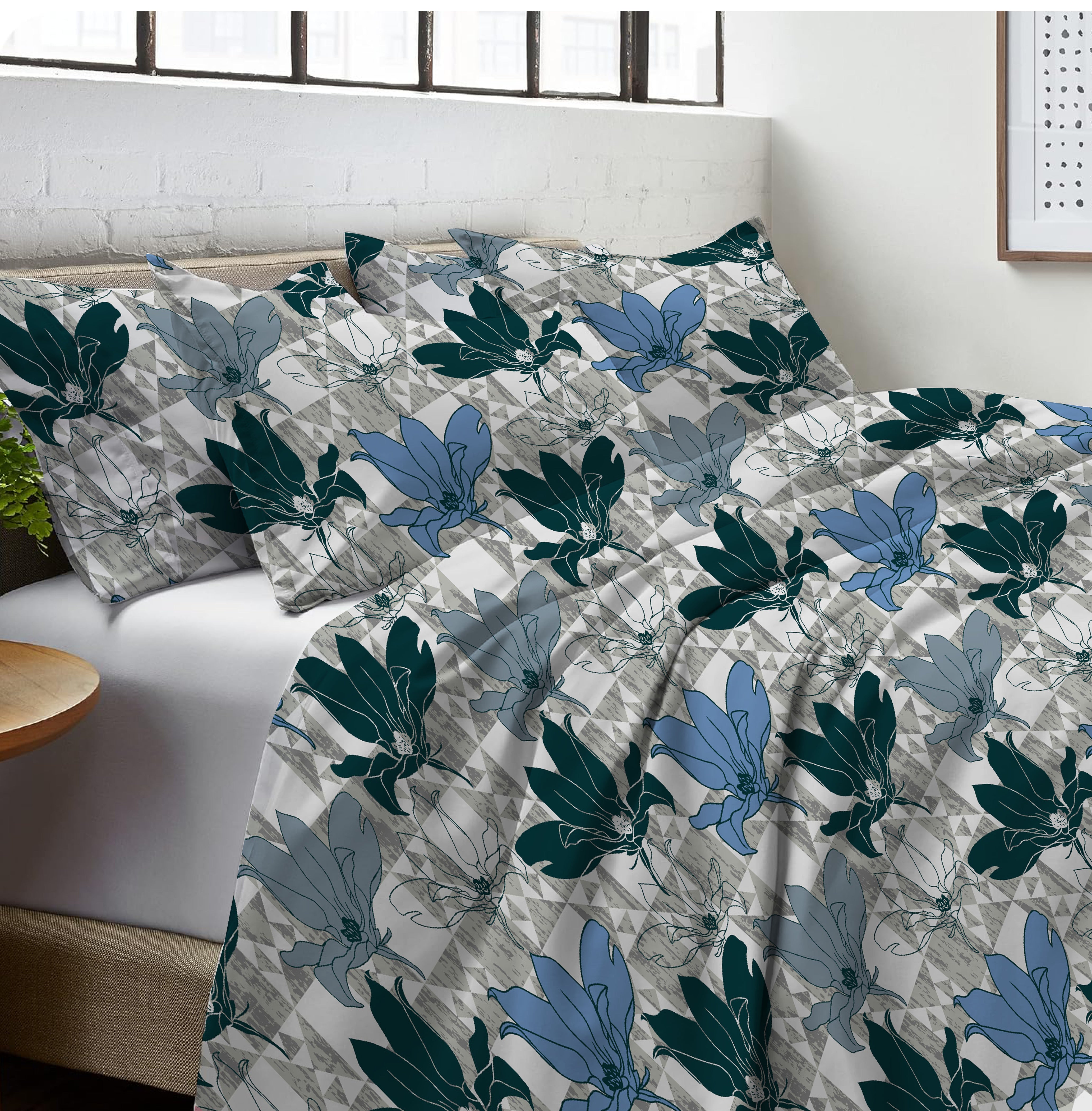 Blue Floral Double Bedsheet Set