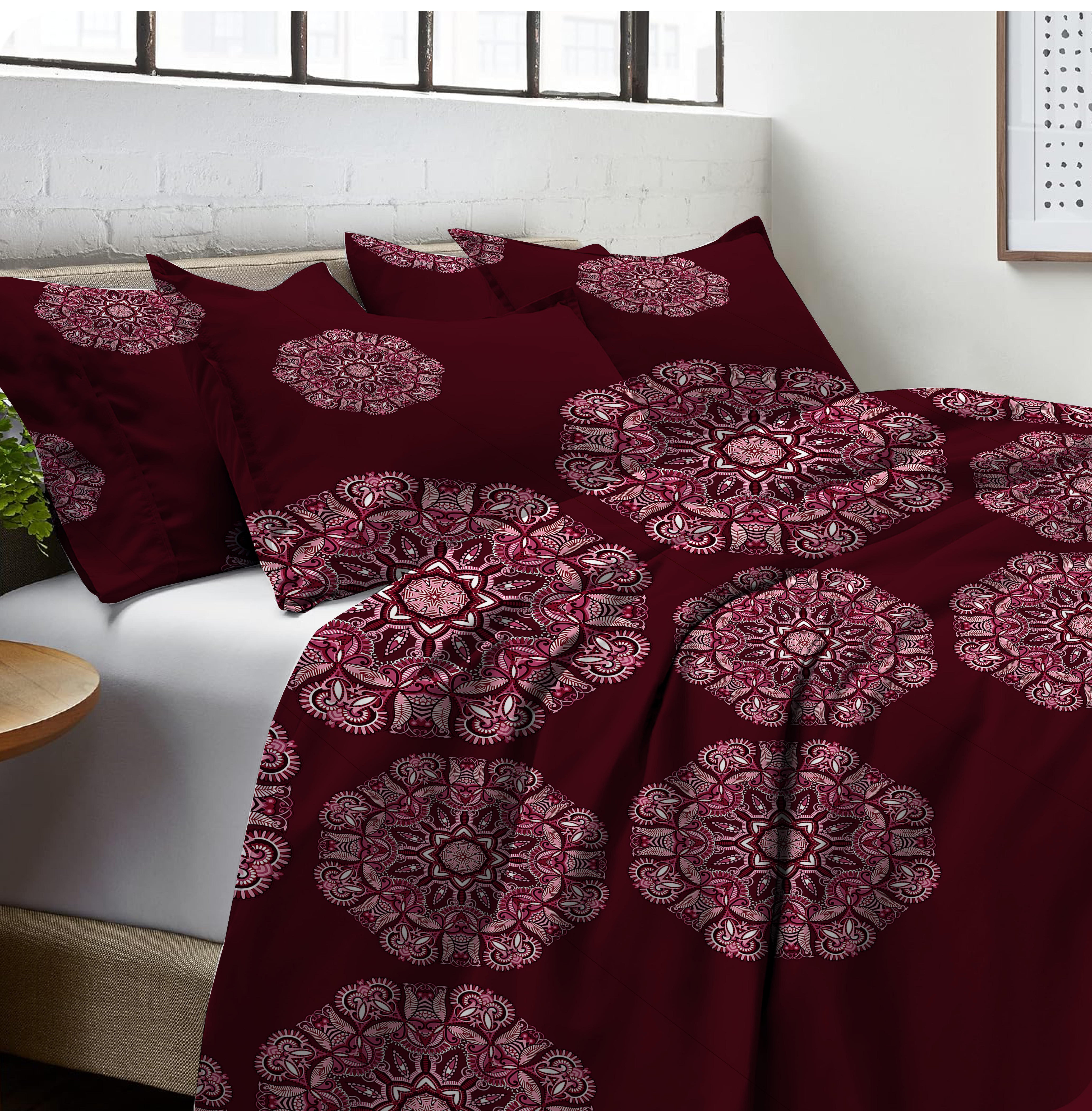 Burgundy Block Print Double Bedsheet Set