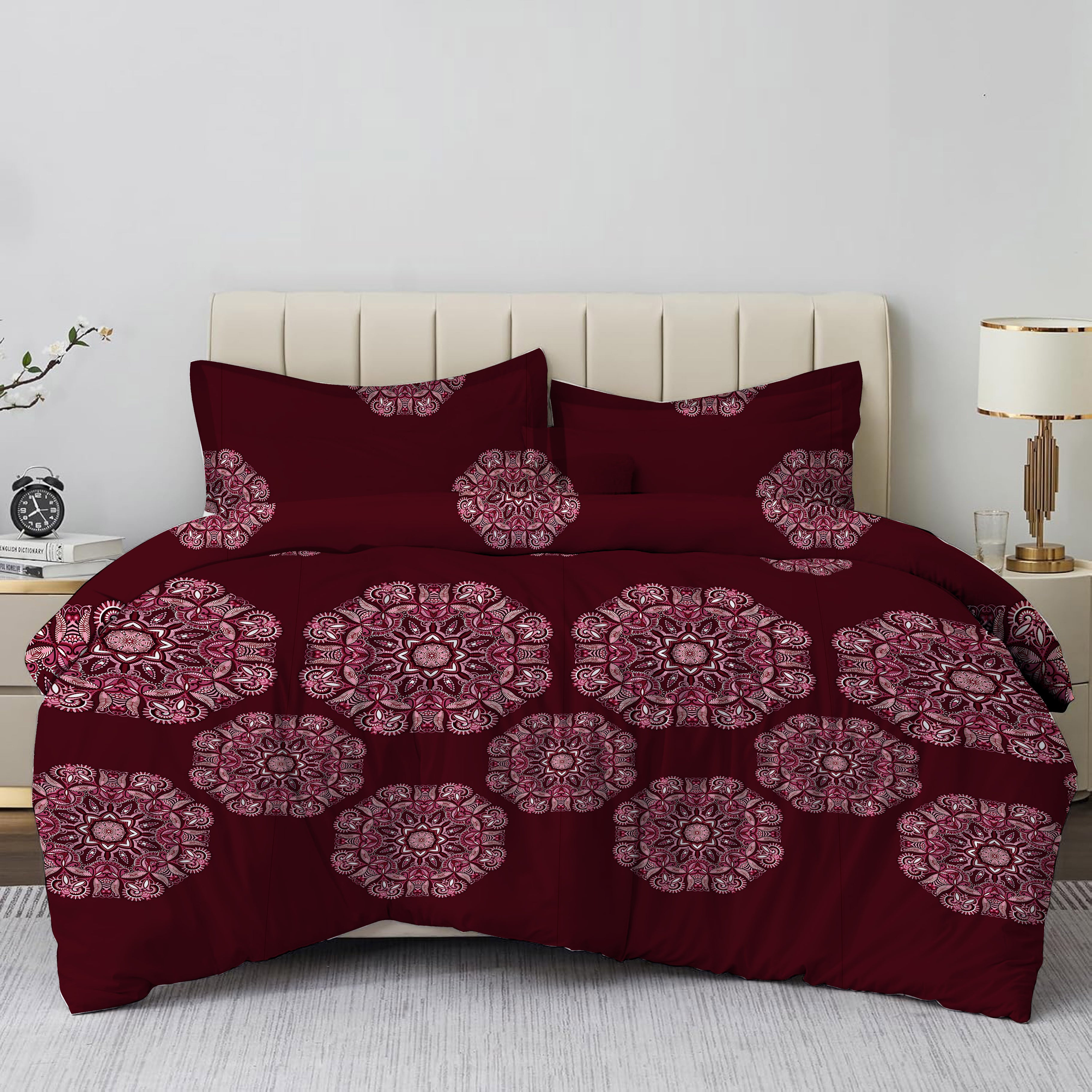 Burgundy Block Print Double Bedsheet Set