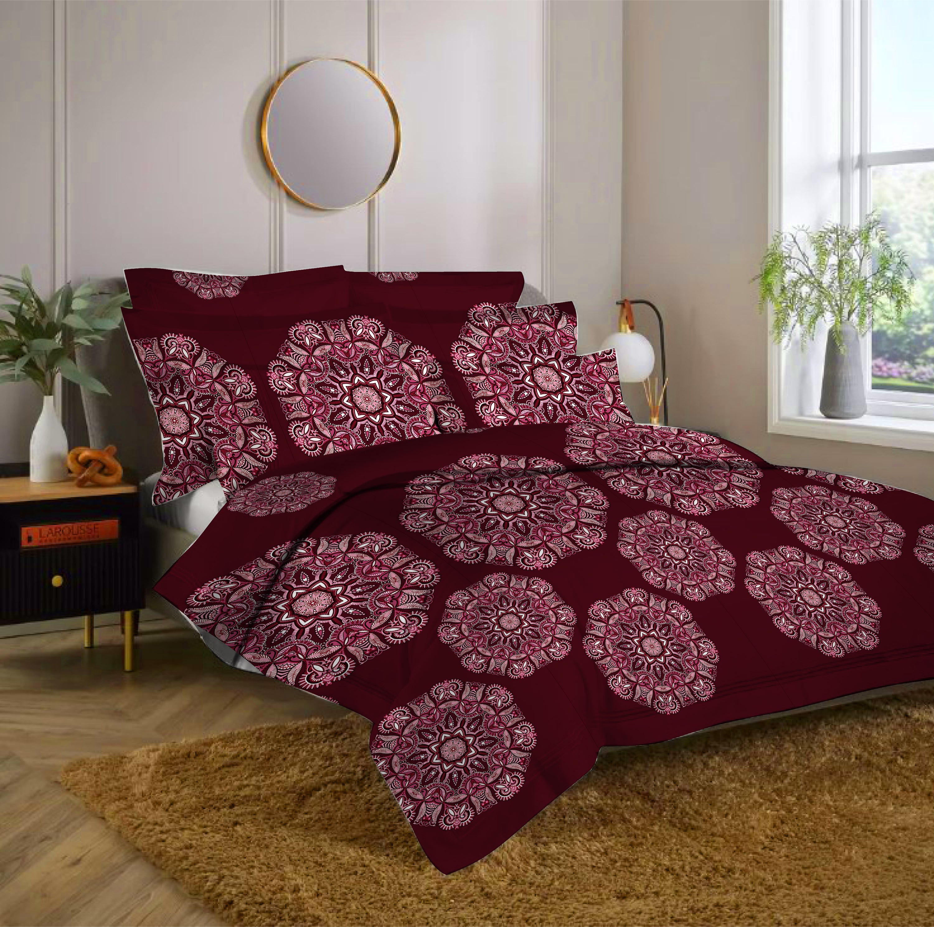 Burgundy Block Print Double Bedsheet Set