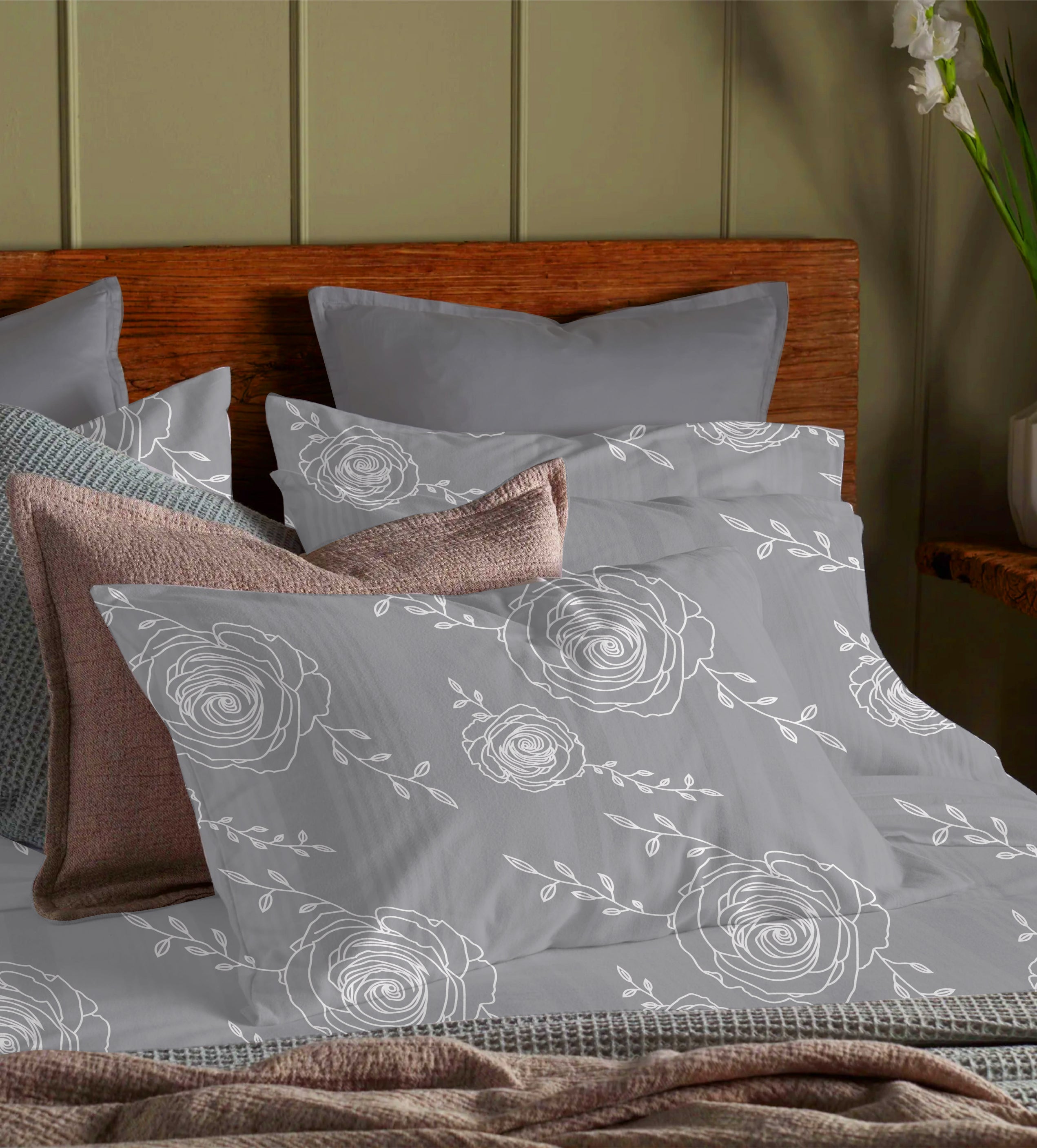 Muted Indian hand-block Dawn – Printed Stripe Queen Bedsheet Set
