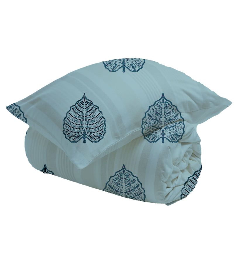 Blue Mirage Floral Bliss – Printed Stripe Queen Bedsheet Set