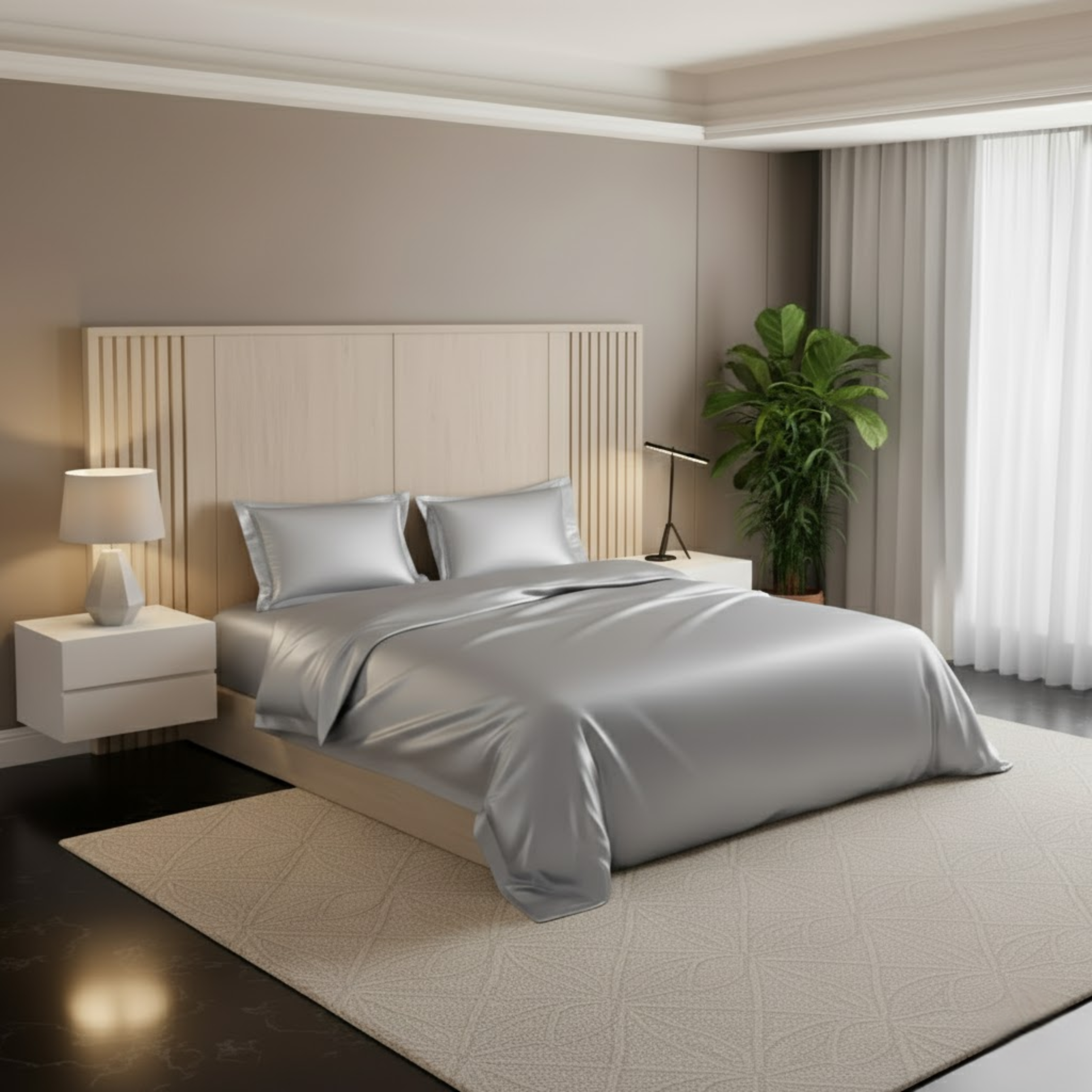 Azure Satin Fitted Bedsheet Set - Silver