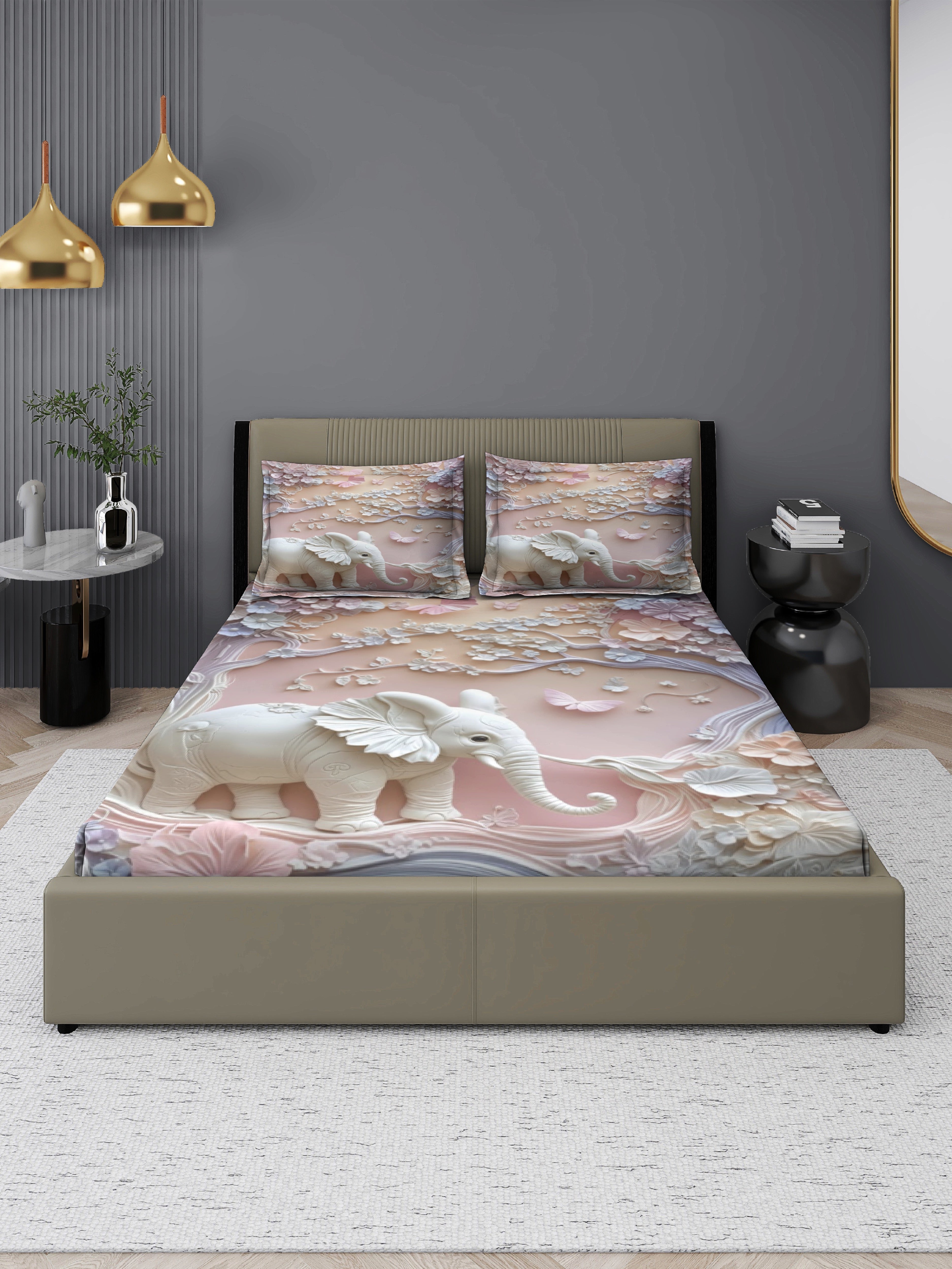 Elephant Fairy Tale King Size Bedsheet with 2 Pillow Covers
