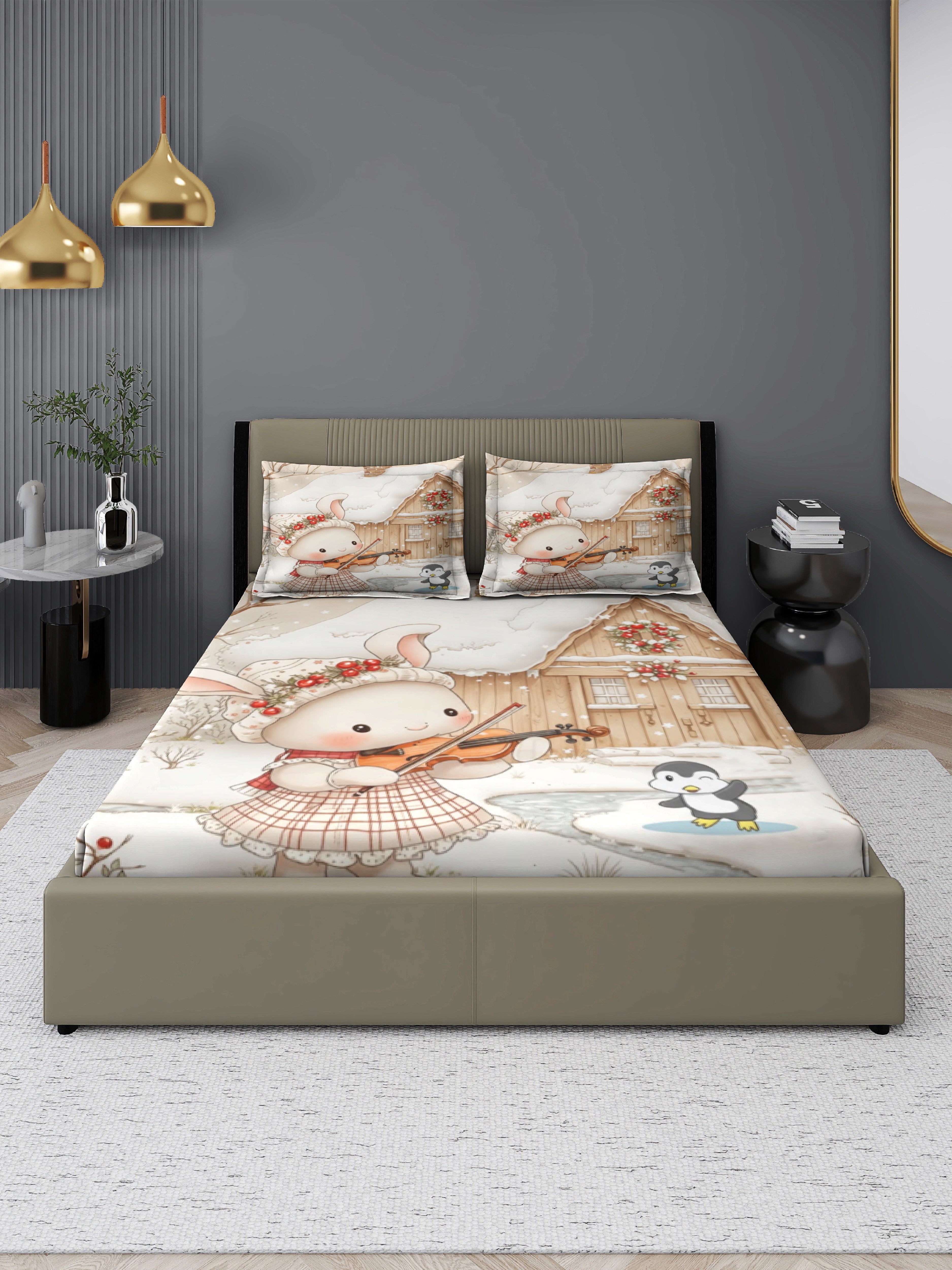 Rabit Fairy Tale King Size Bedsheet with 2 Pillow Covers