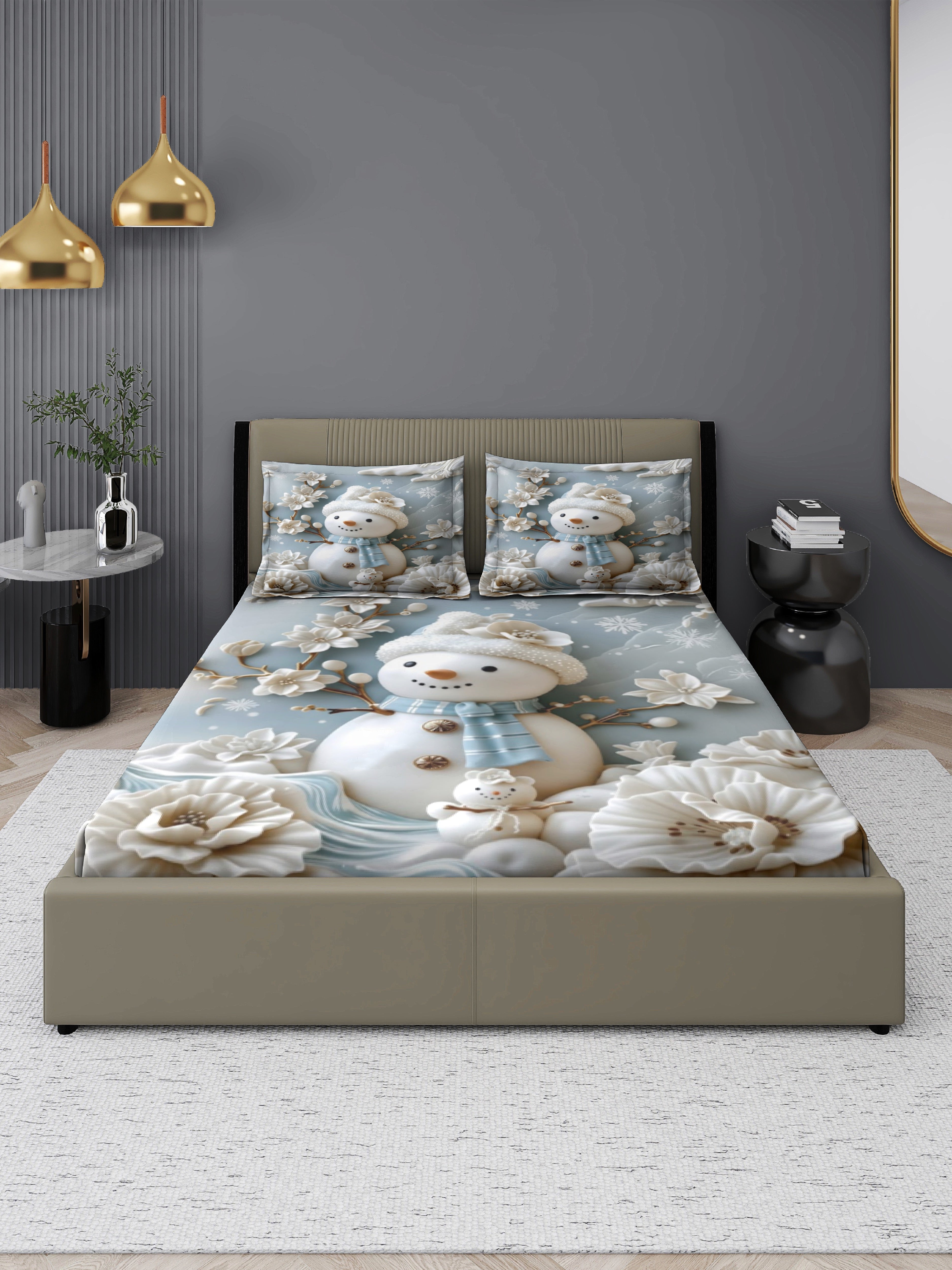Snowman Fairy Tale King Size Bedsheet with 2 Pillow Covers