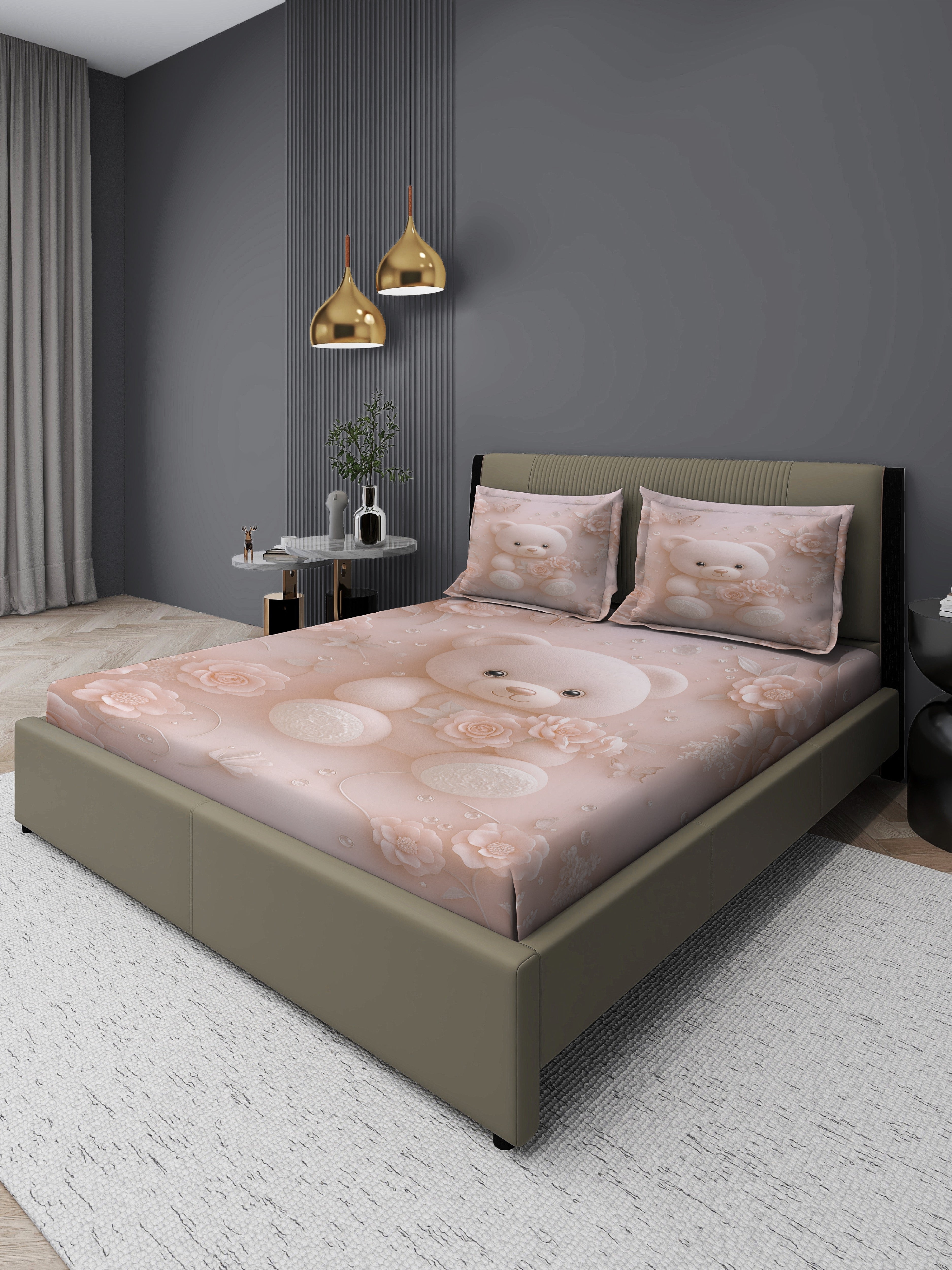 Teddy Fairy Tale King Size Bedsheet with 2 Pillow Covers