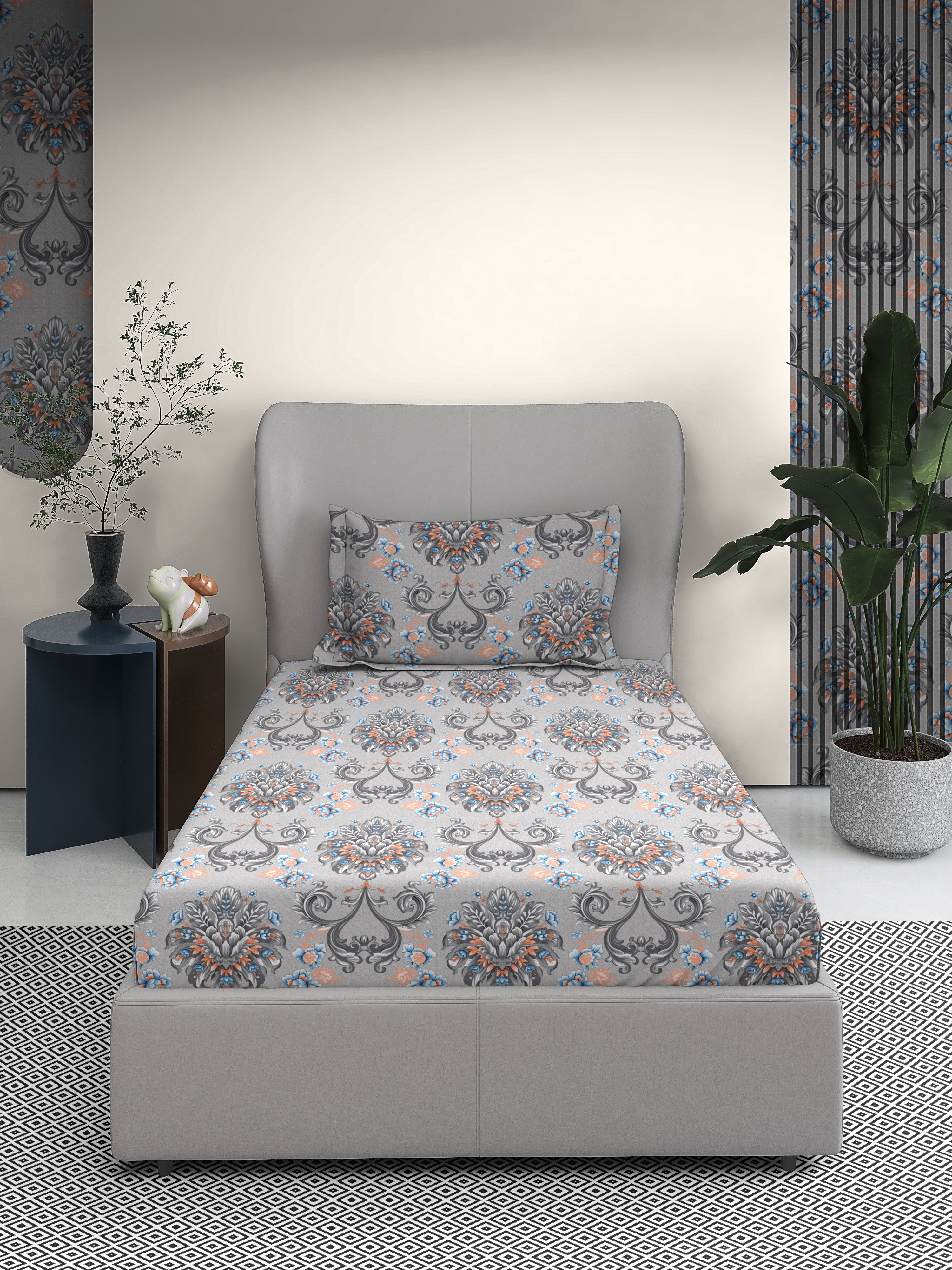 Damask Cotton Single Bed Sheet with Matching Pillow Cover