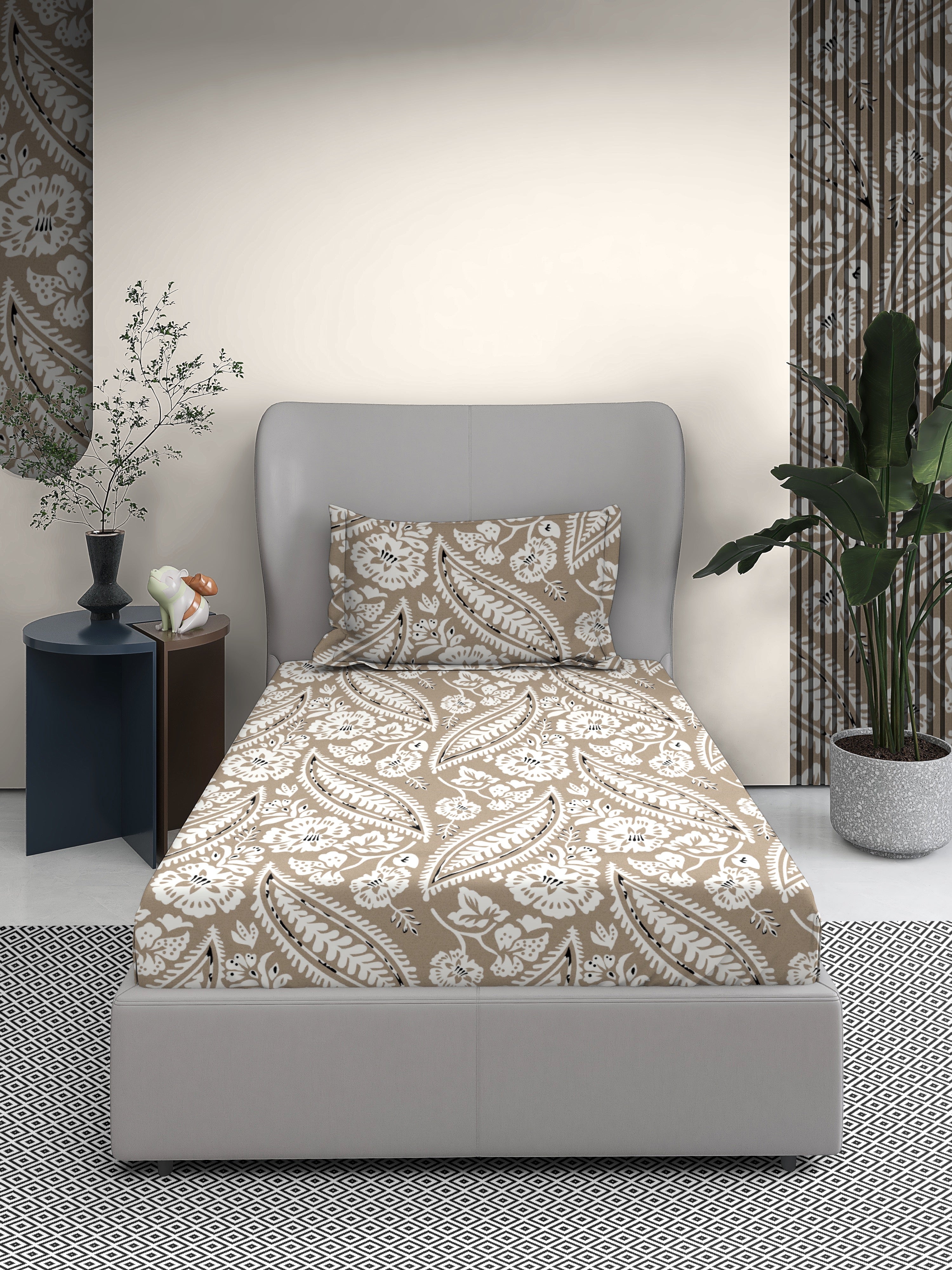 Leafy Cotton Single Bed Sheet with Matching Pillow Cover