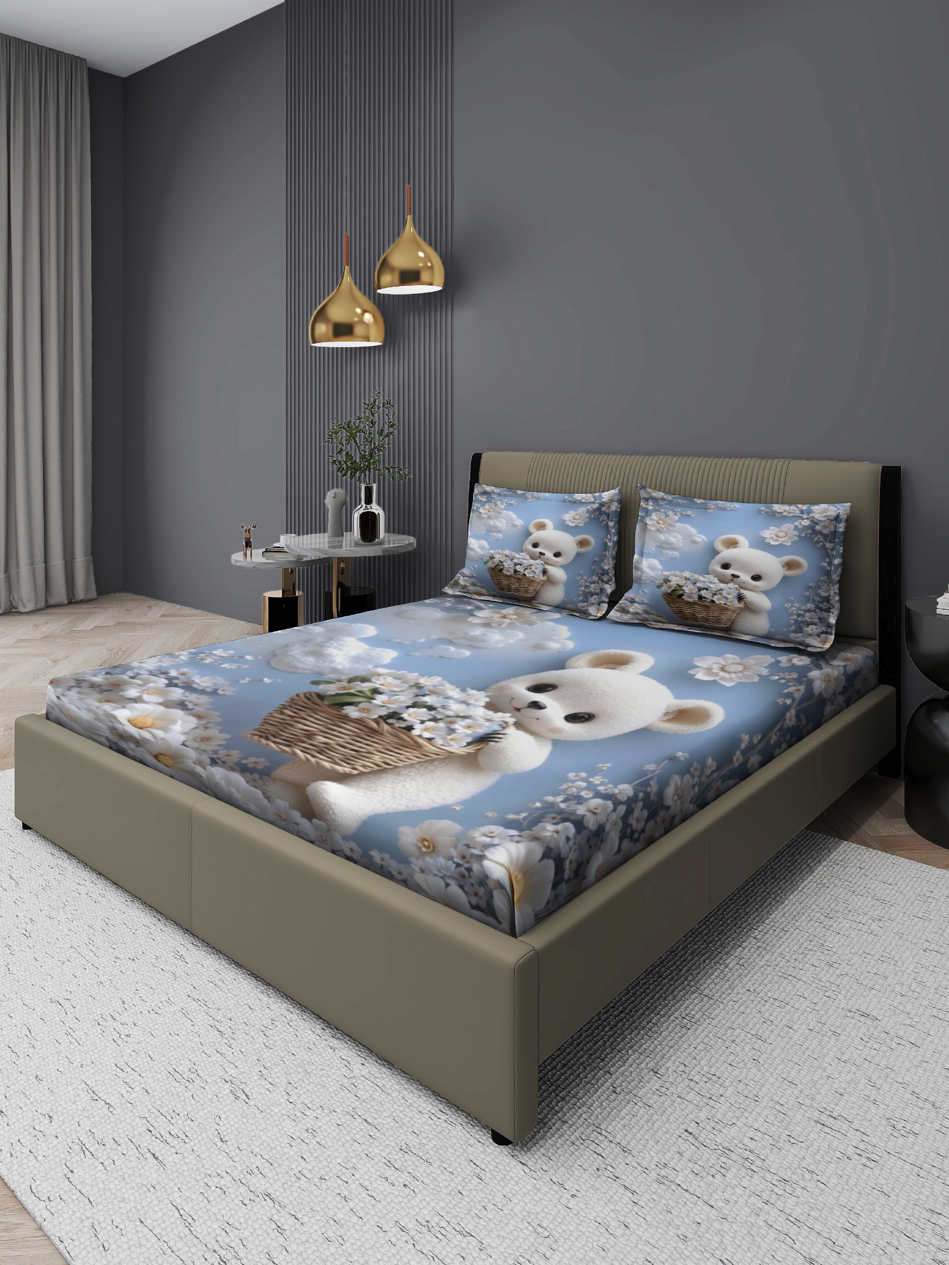 Bear Fairy King Size Bedsheet with 2 Pillow Covers