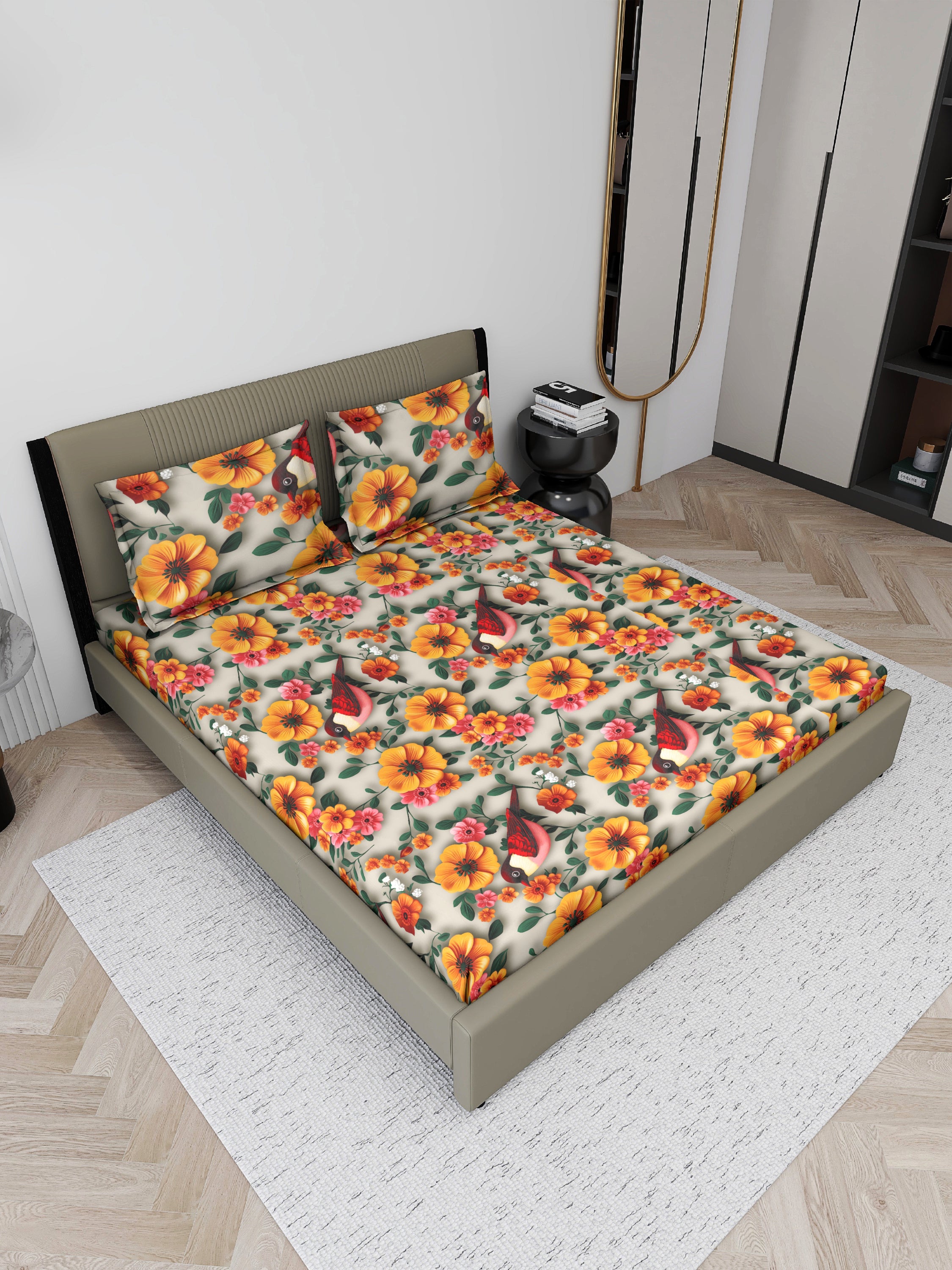 Ivory Bloom Regal Stripes – 7D Double Bedsheet Set