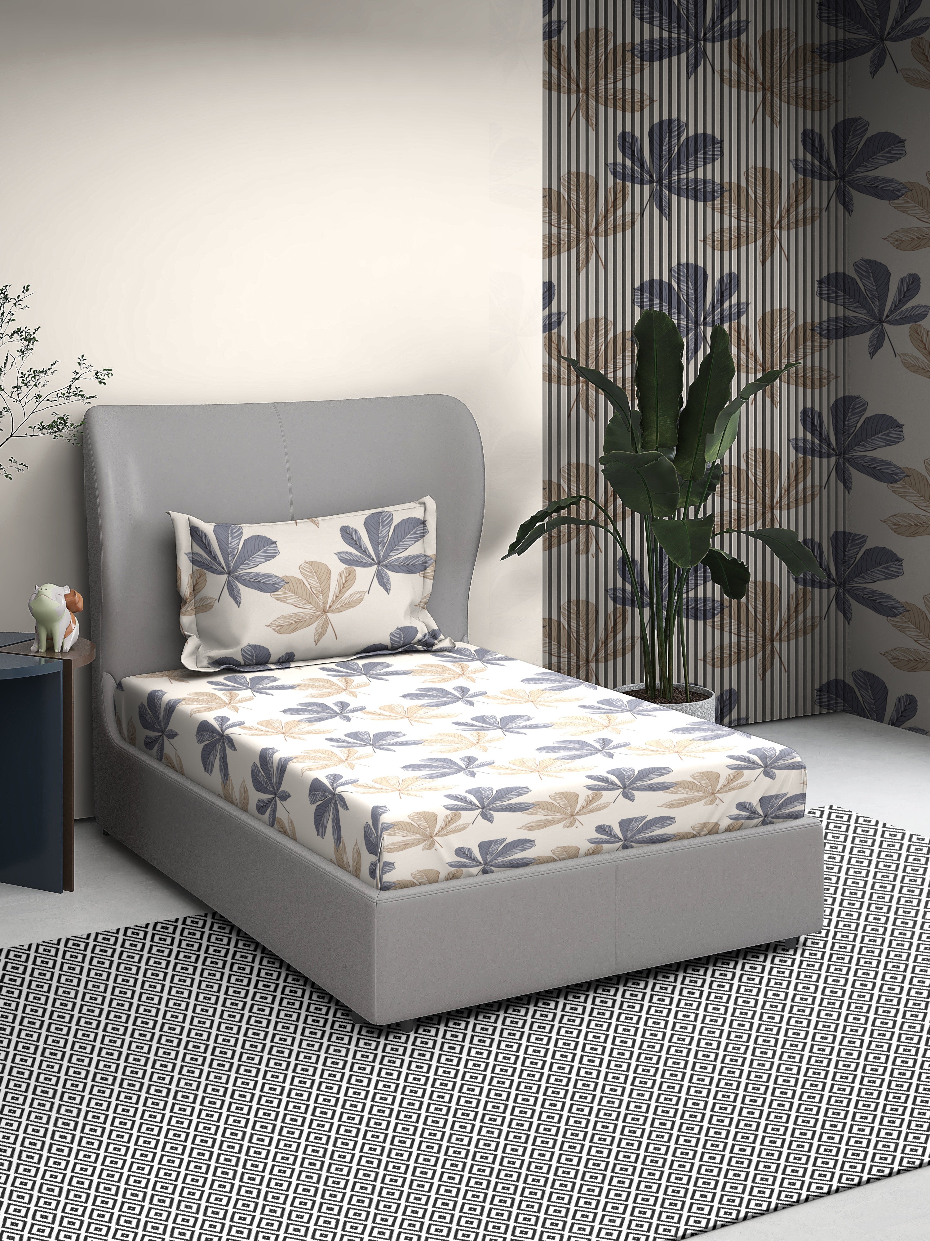 Botanical Print Cotton Single Bed Sheet with Matching Pillow Cover