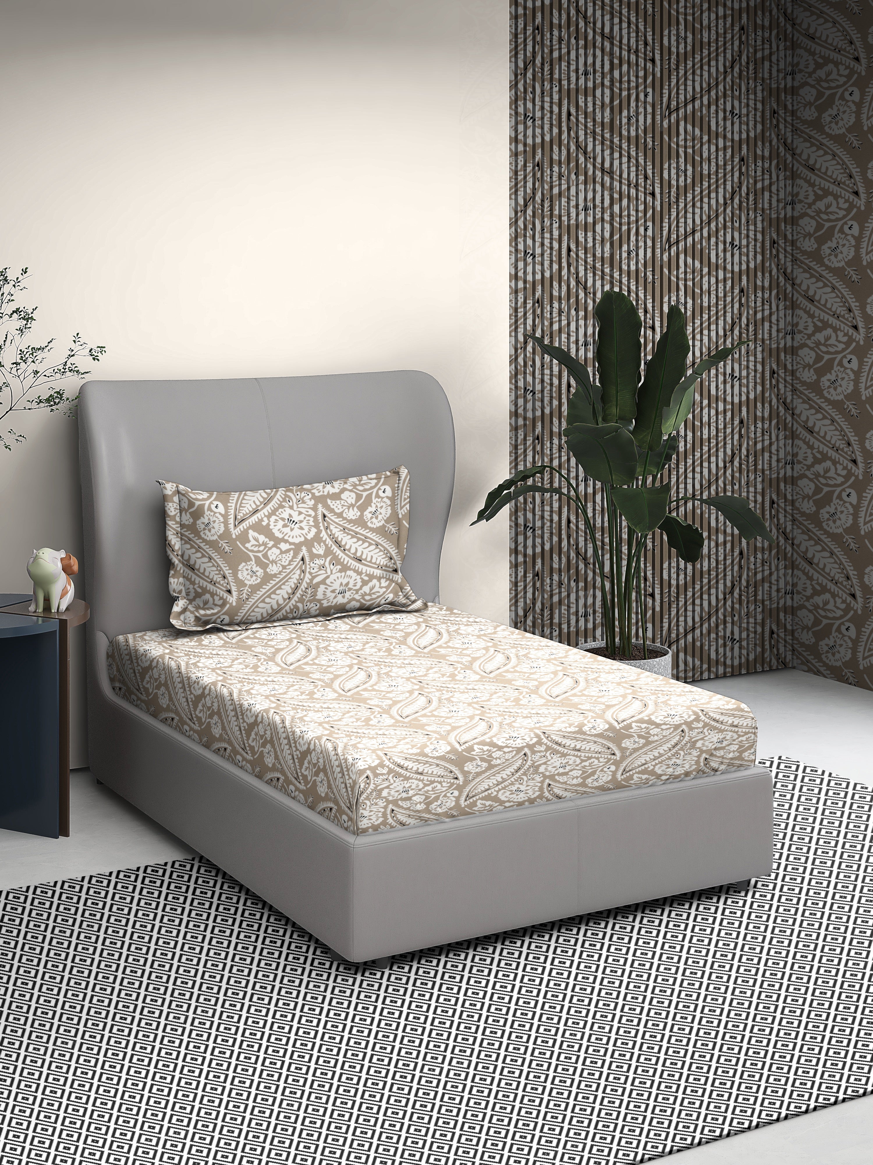 Leafy Cotton Single Bed Sheet with Matching Pillow Cover