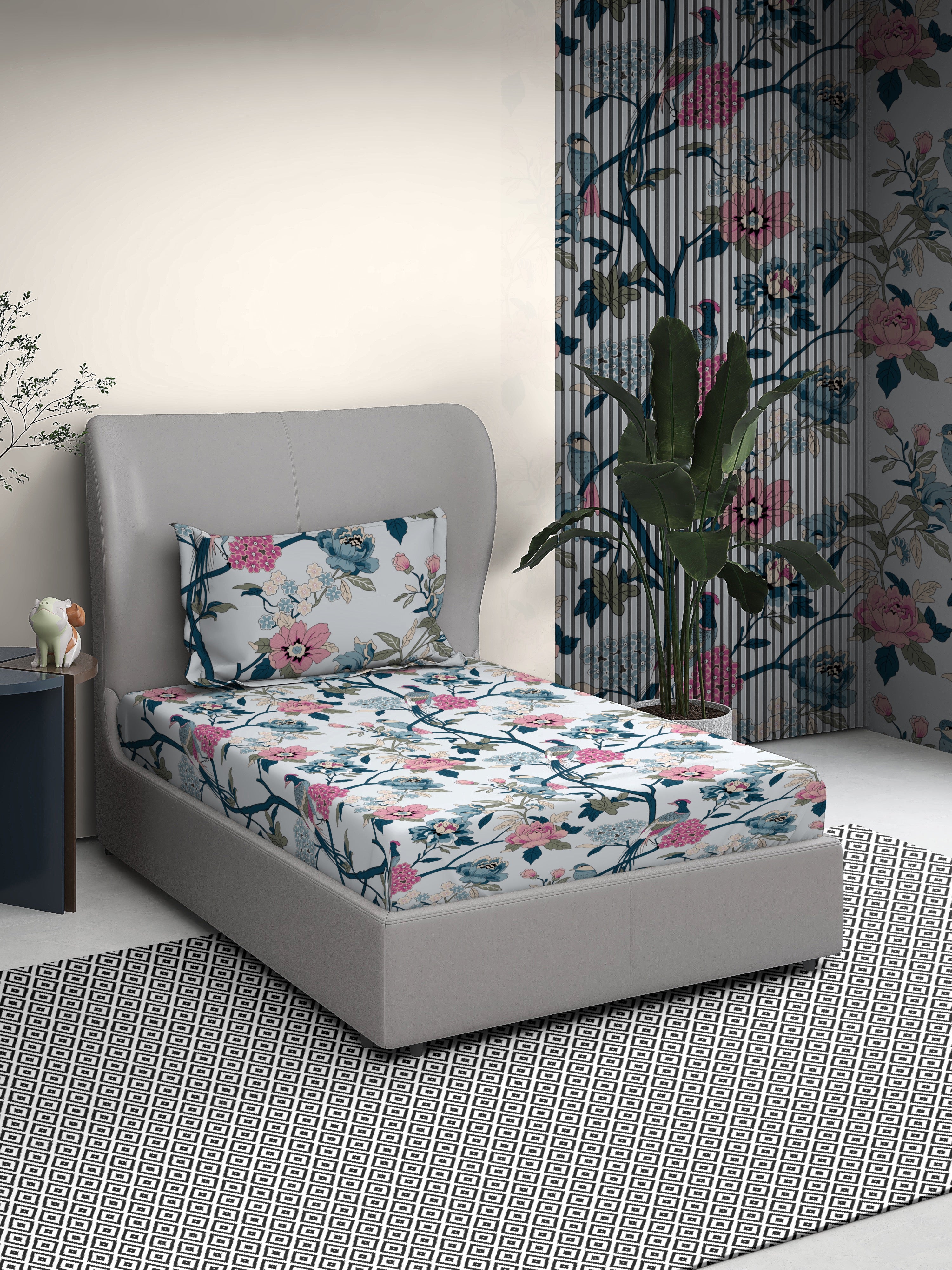 Floral Fairy Cotton Single Bed Sheet with Matching Pillow Cover