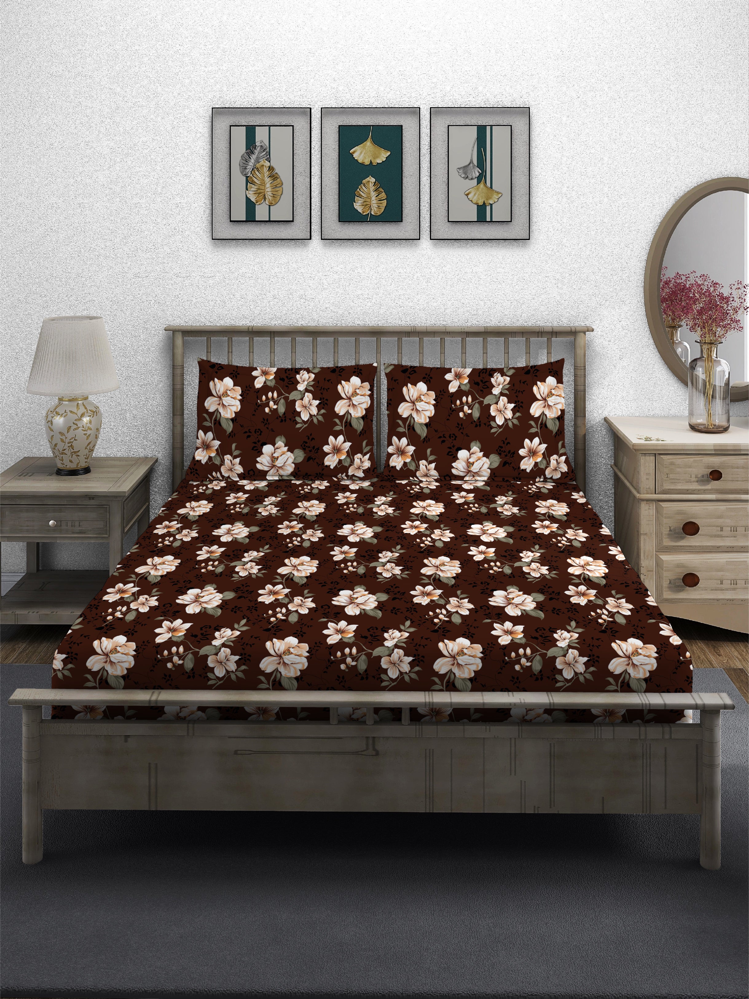 Floral Brown Queen Bedsheet Set