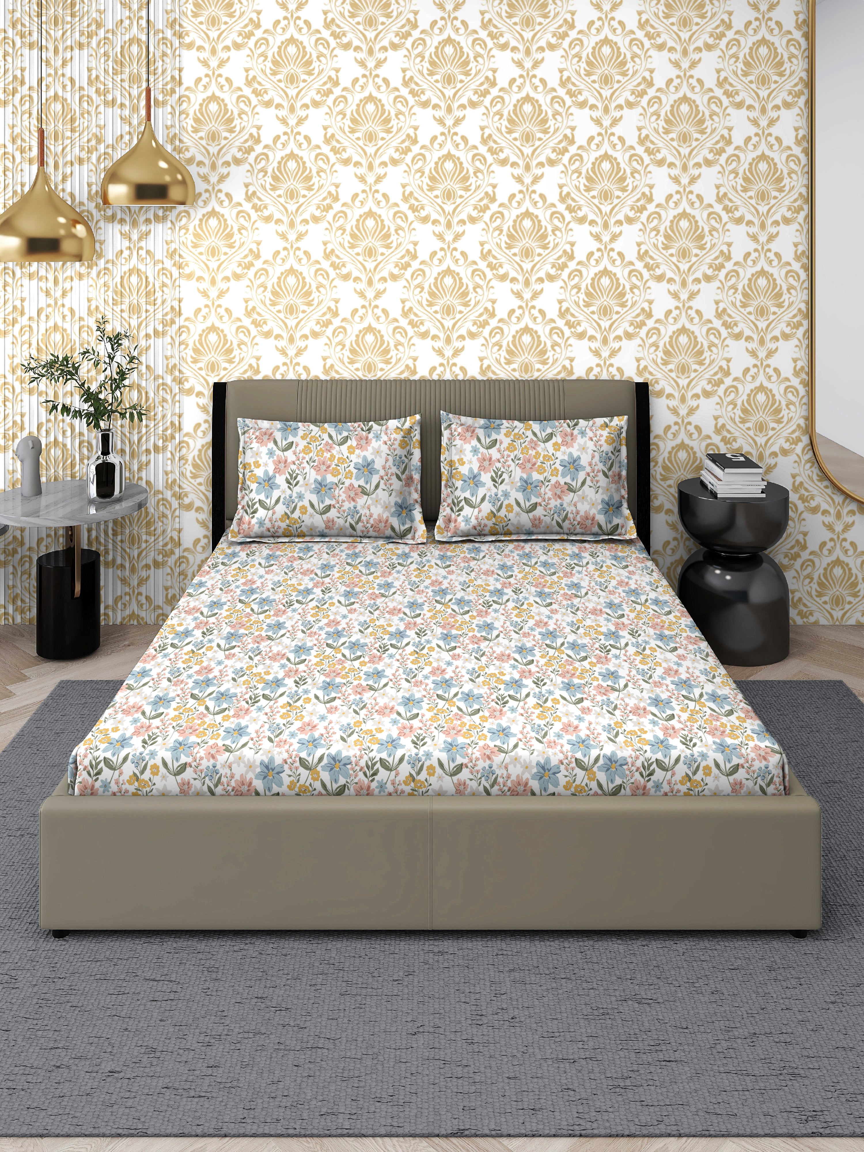 Ivory Bloom Floral Queen Bedsheet Set