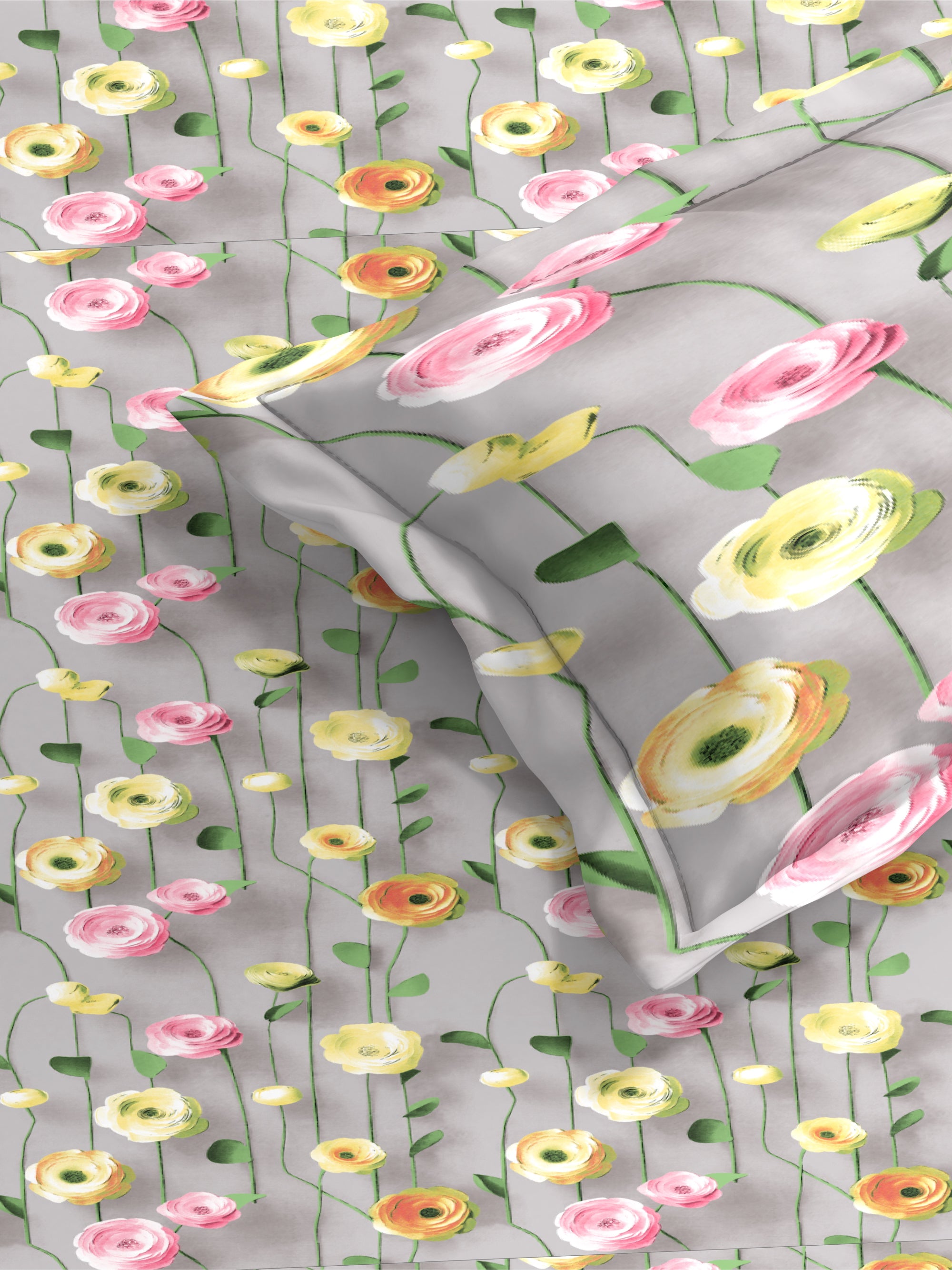 7D Floral Misty Grey Bedsheet Set
