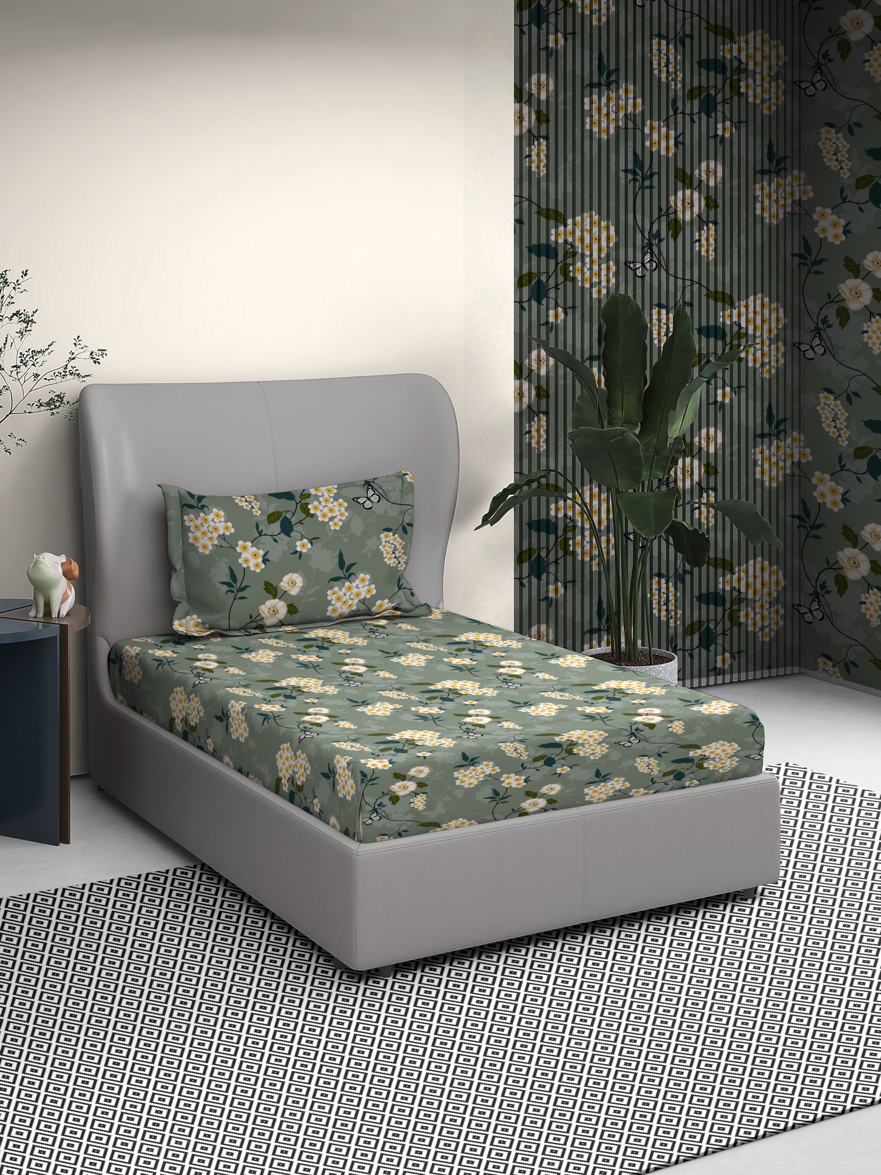 Emerald Floral Cotton Single Bed Sheet with Matching Pillow Cover