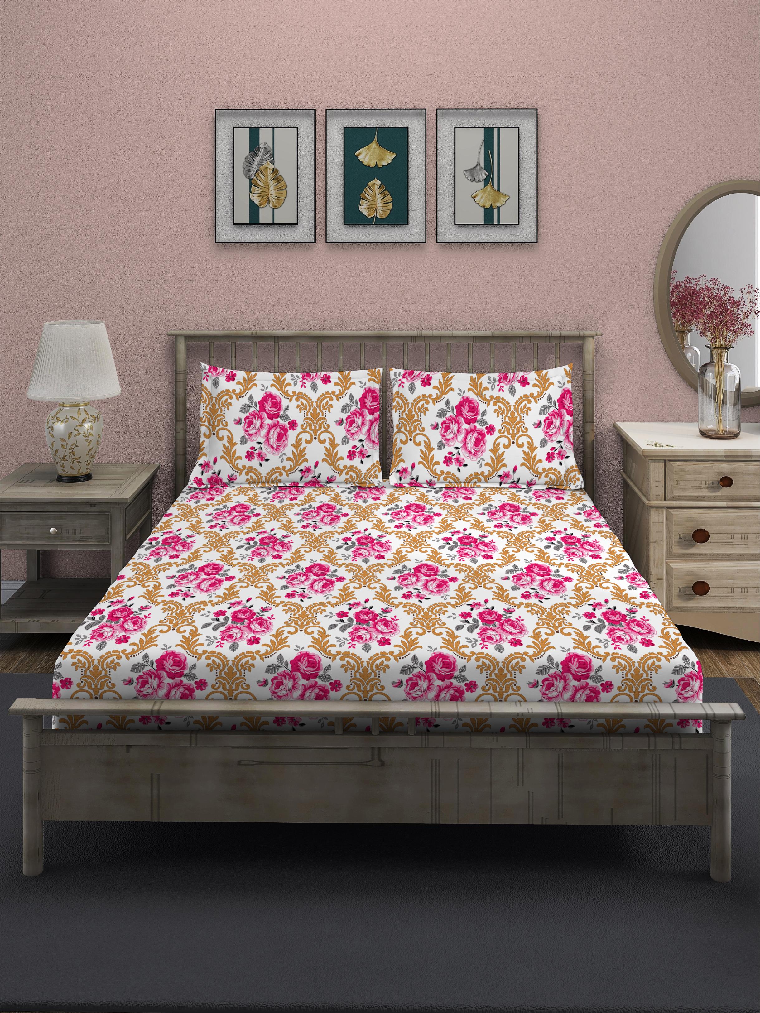 Peach Floral Queen Bedsheet Set