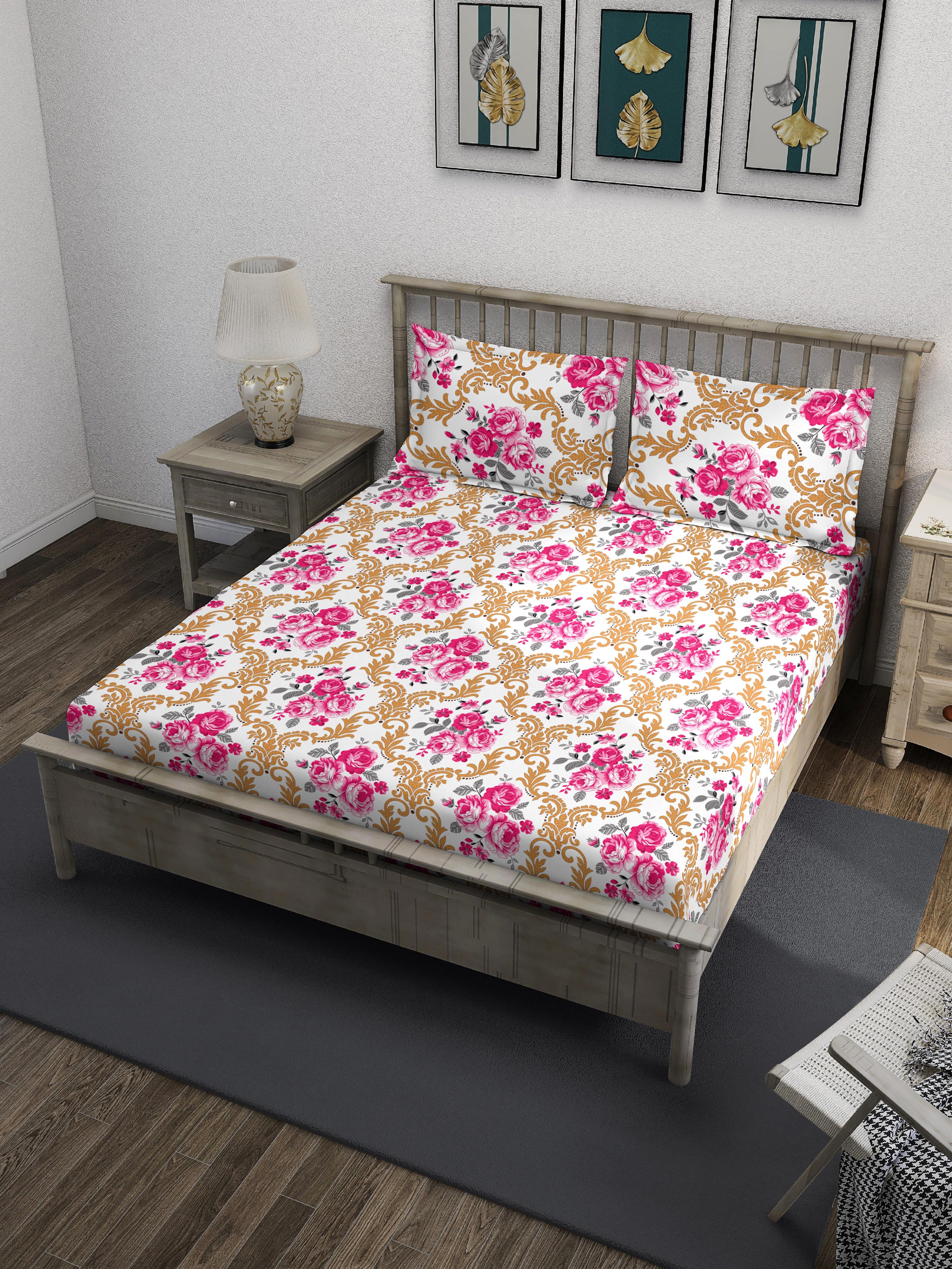 Peach Floral Queen Bedsheet Set