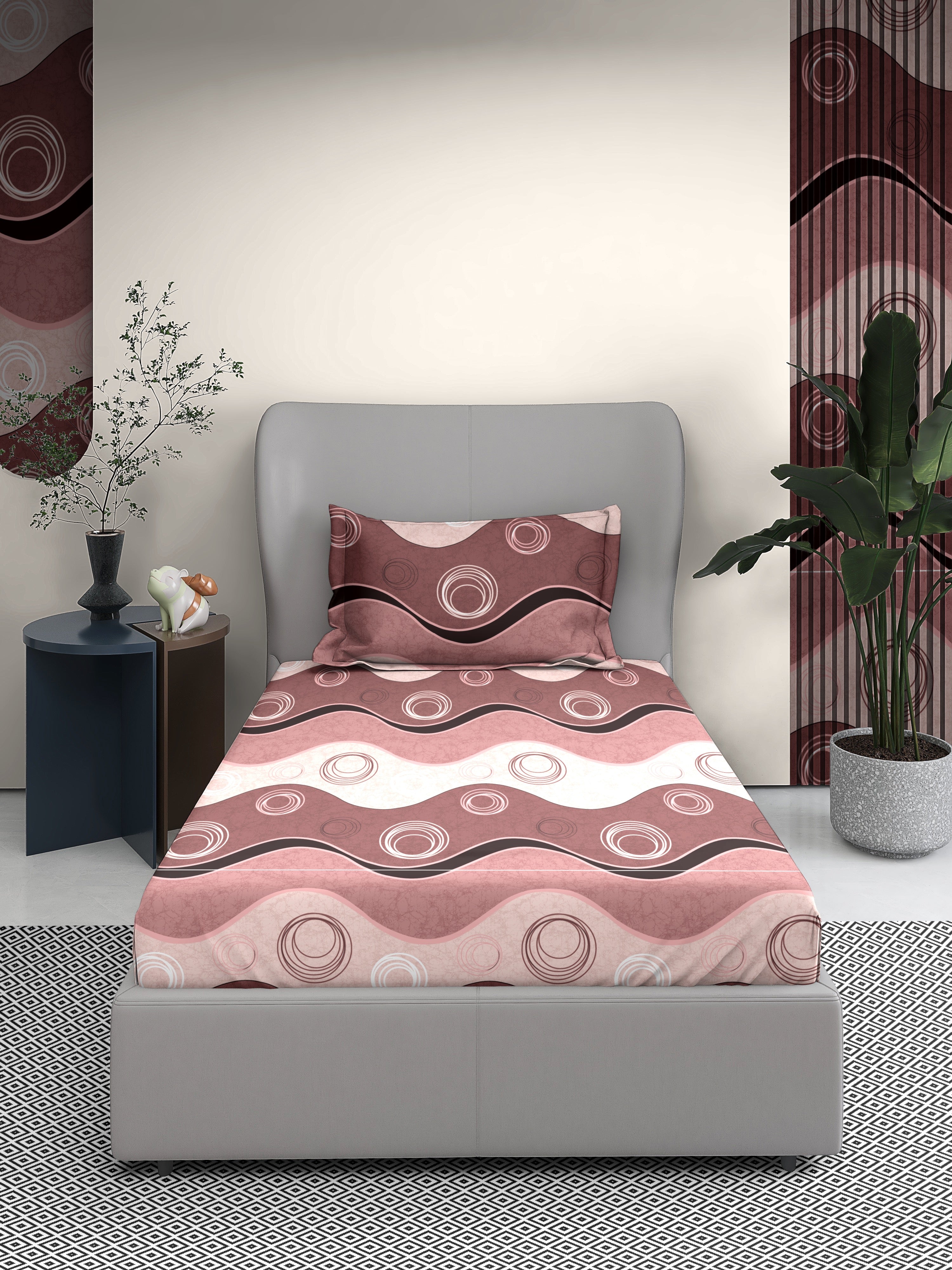 Waves Cotton Single Bed Sheet with Matching Pillow Cover