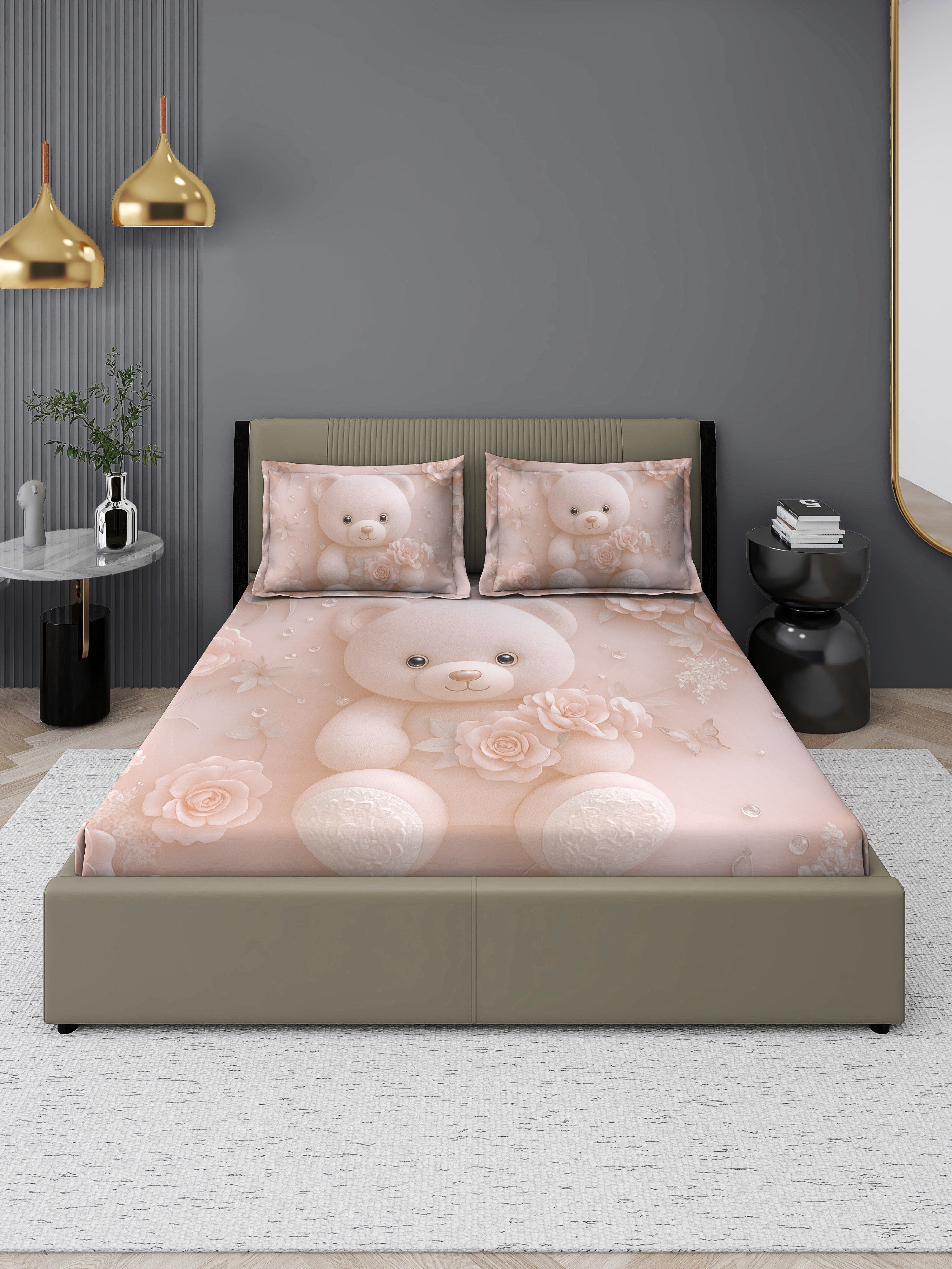 Teddy Fairy Tale King Size Bedsheet with 2 Pillow Covers