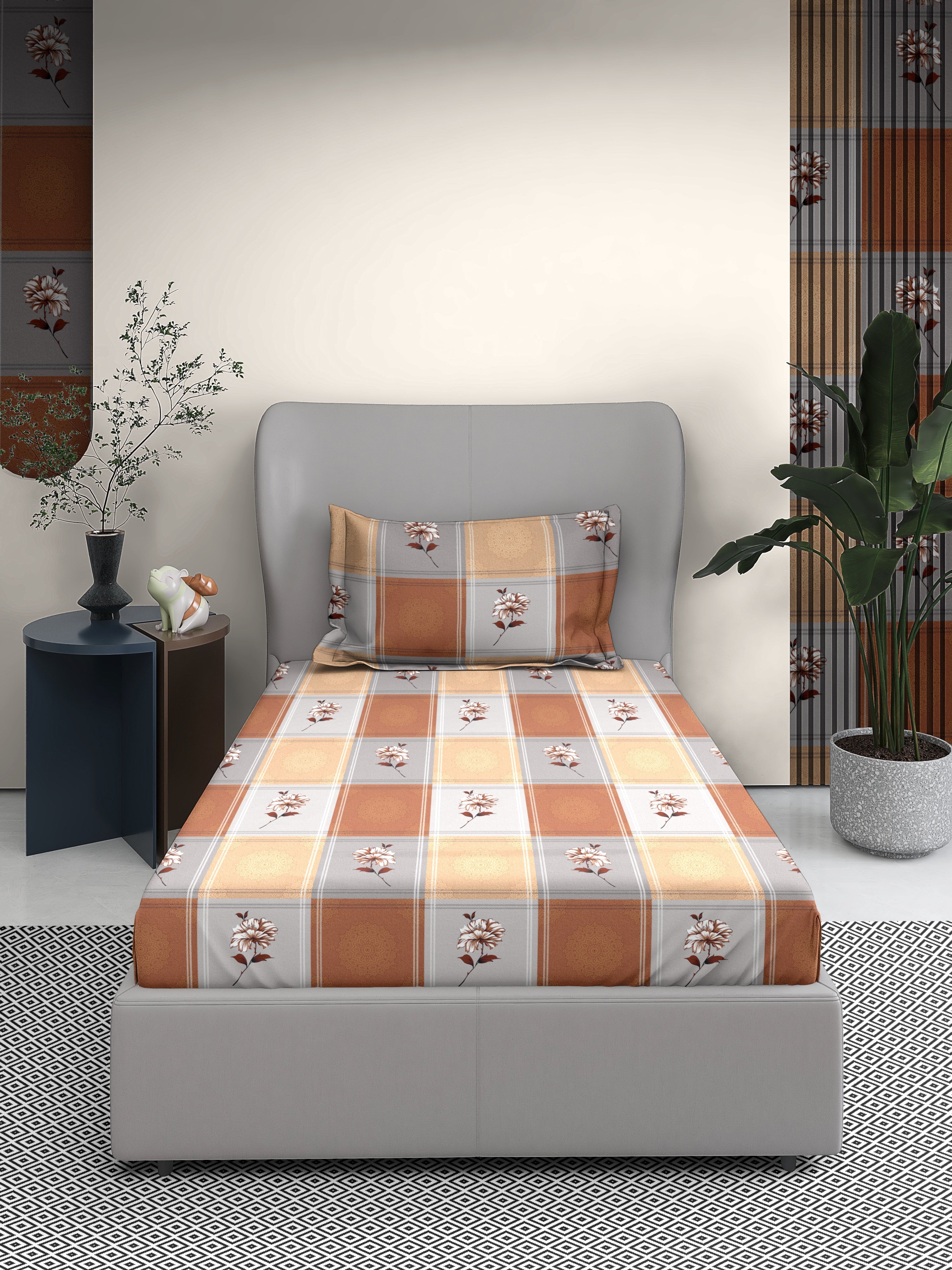 Squared Cotton Single Bed Sheet with Matching Pillow Cover