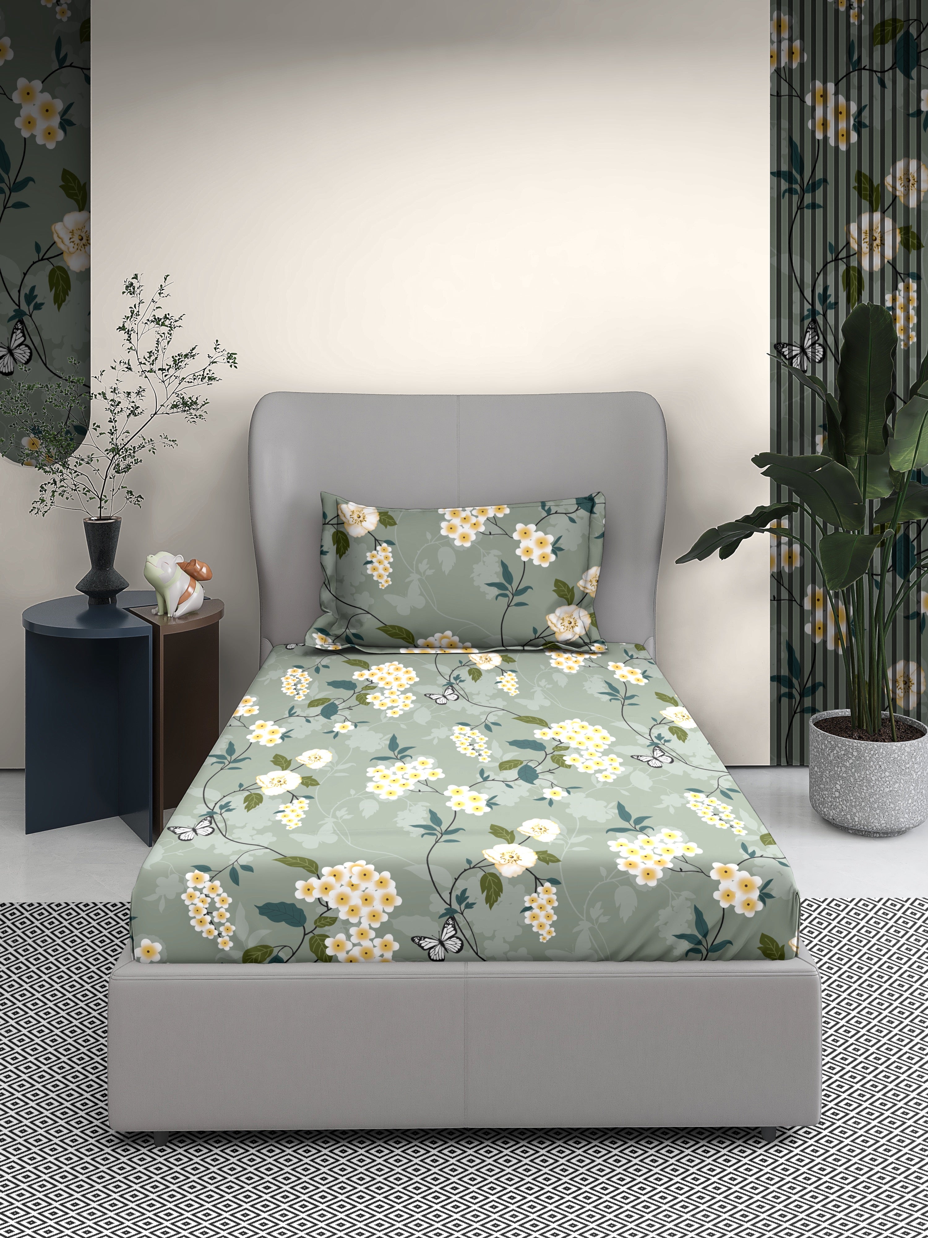 Emerald Floral Cotton Single Bed Sheet with Matching Pillow Cover