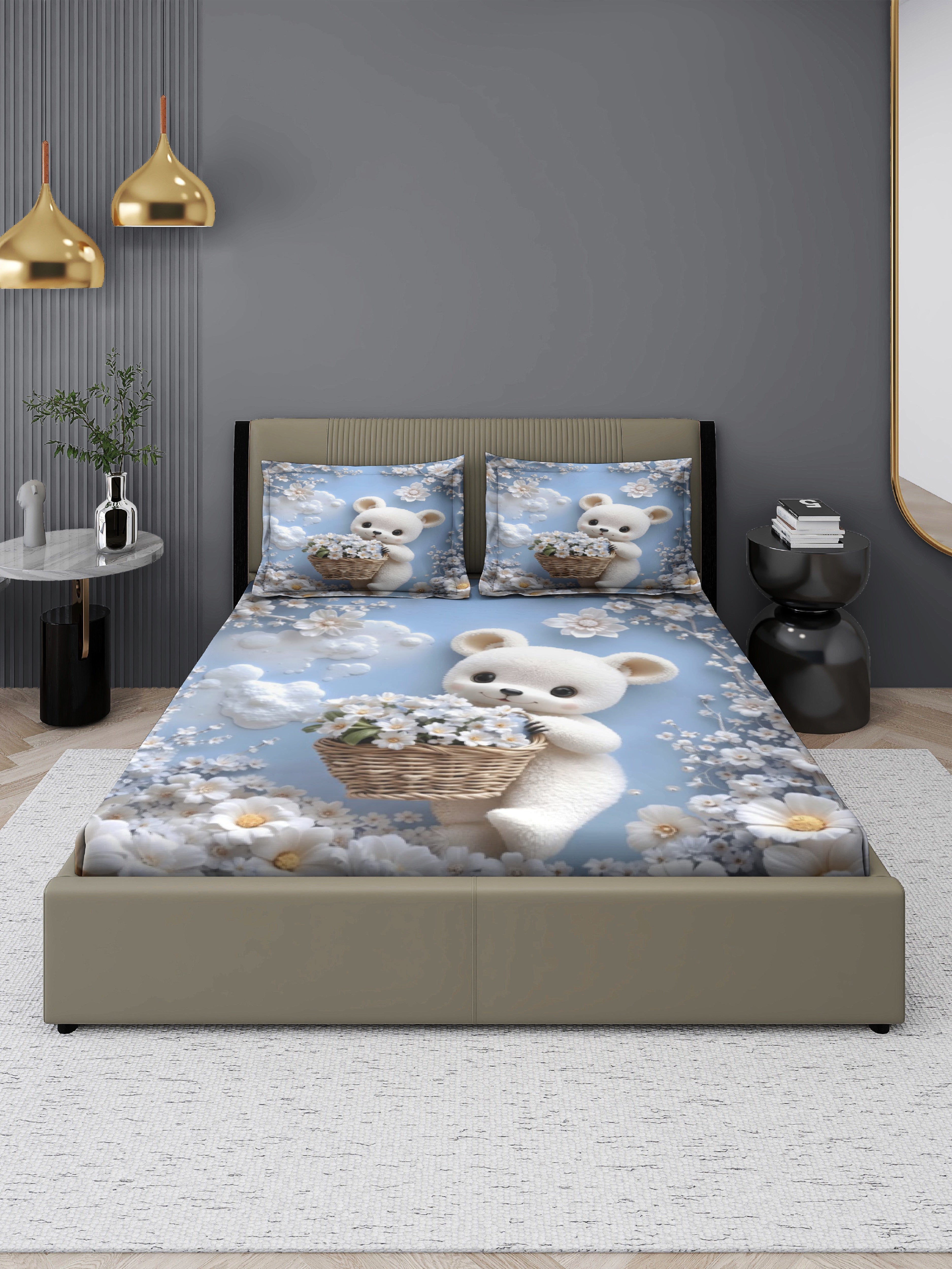 Bear Fairy King Size Bedsheet with 2 Pillow Covers