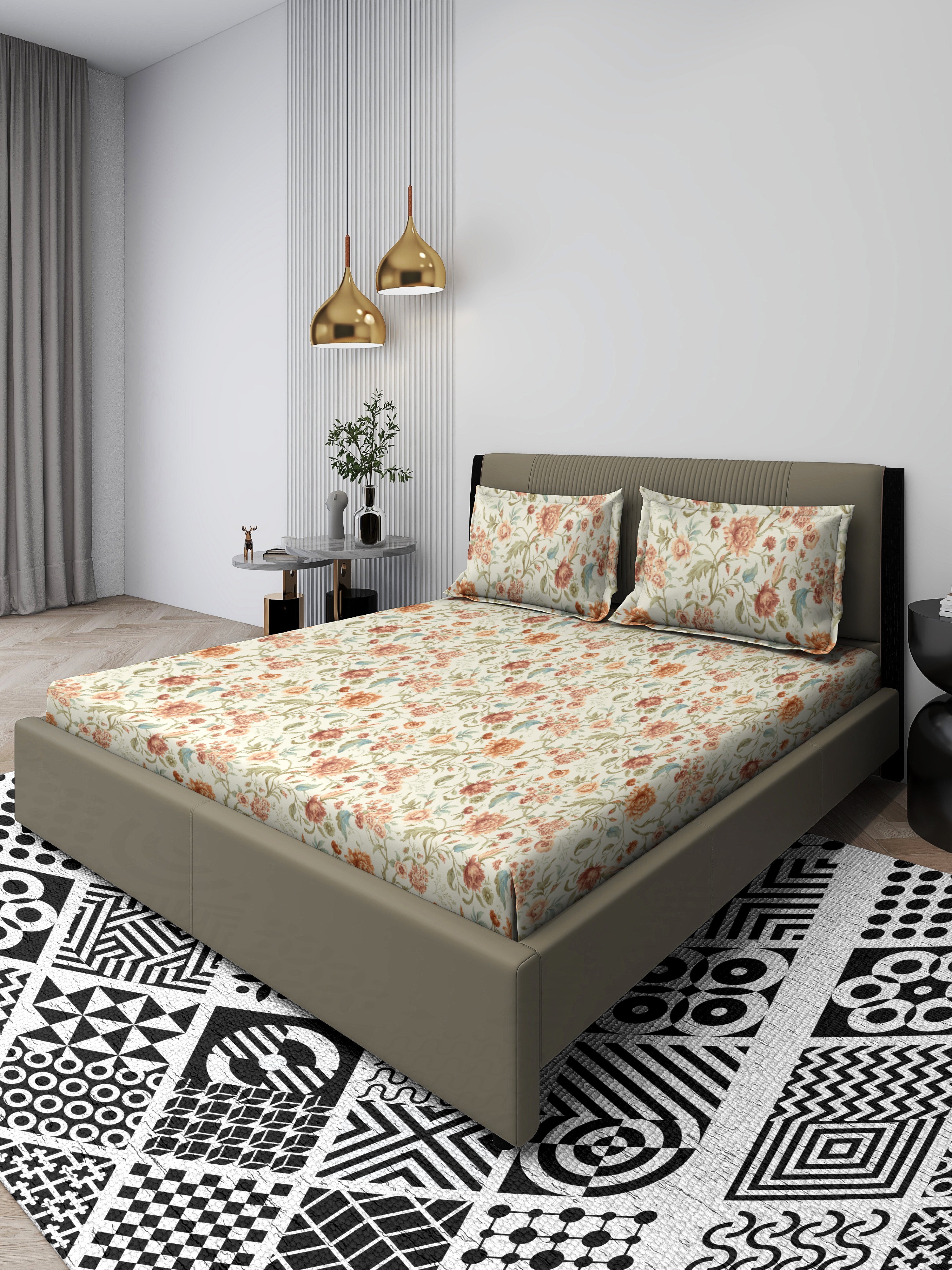 Ivory Floral Queen Bedsheet Set - Super-Soft