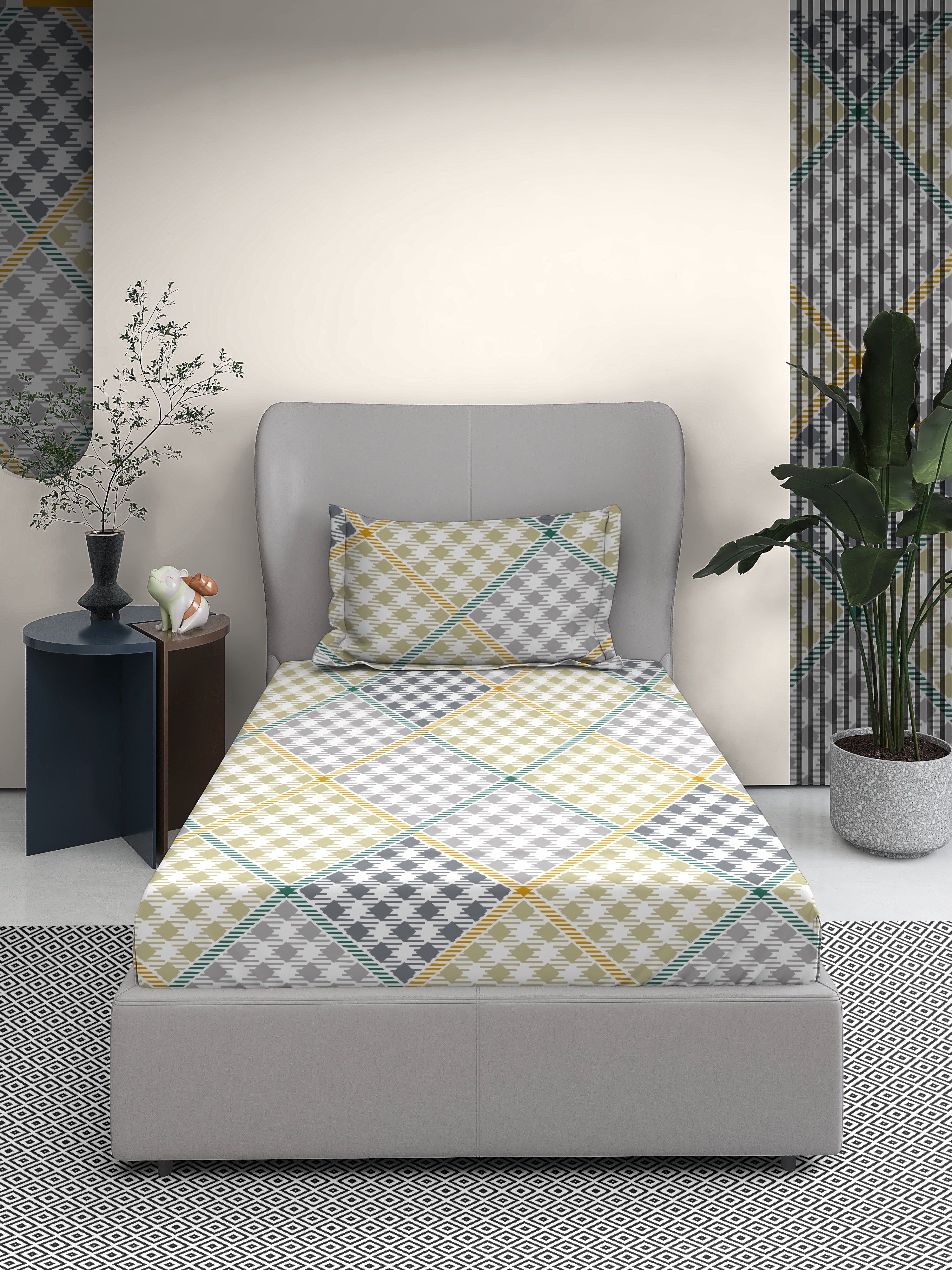 Geometrical Cotton Single Bed Sheet with Matching Pillow Cover