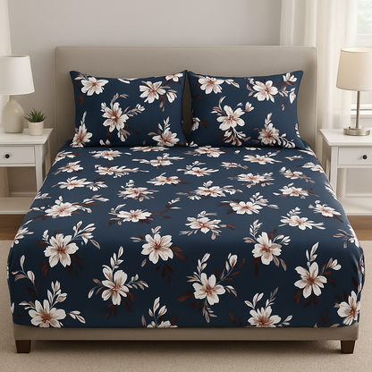Woolen Double 320 TC Floral Bedsheet - Blue