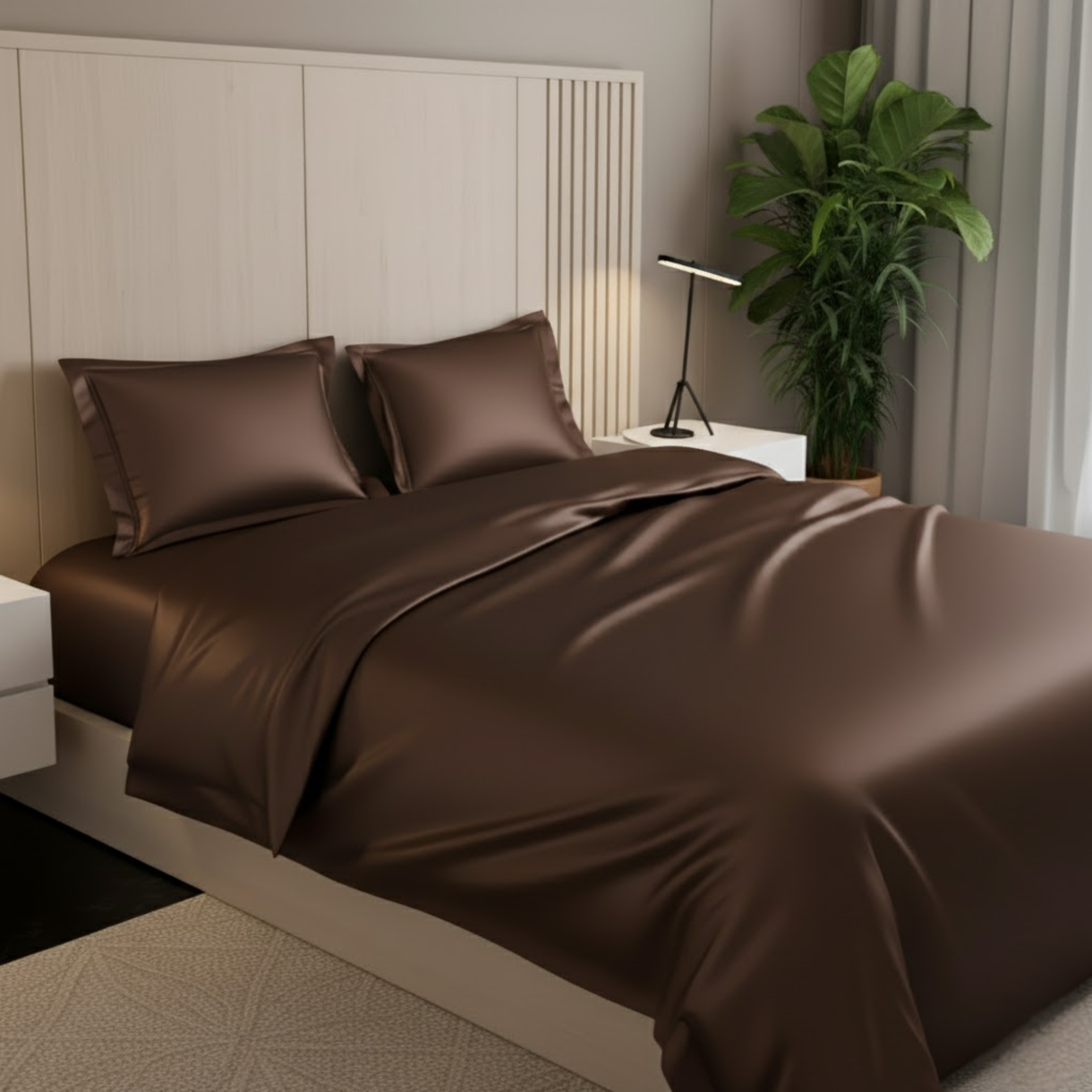 Azure Satin Fitted Bedsheet Set - Coffee