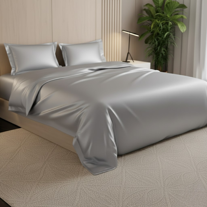 Azure Satin Fitted Bedsheet Set - Silver