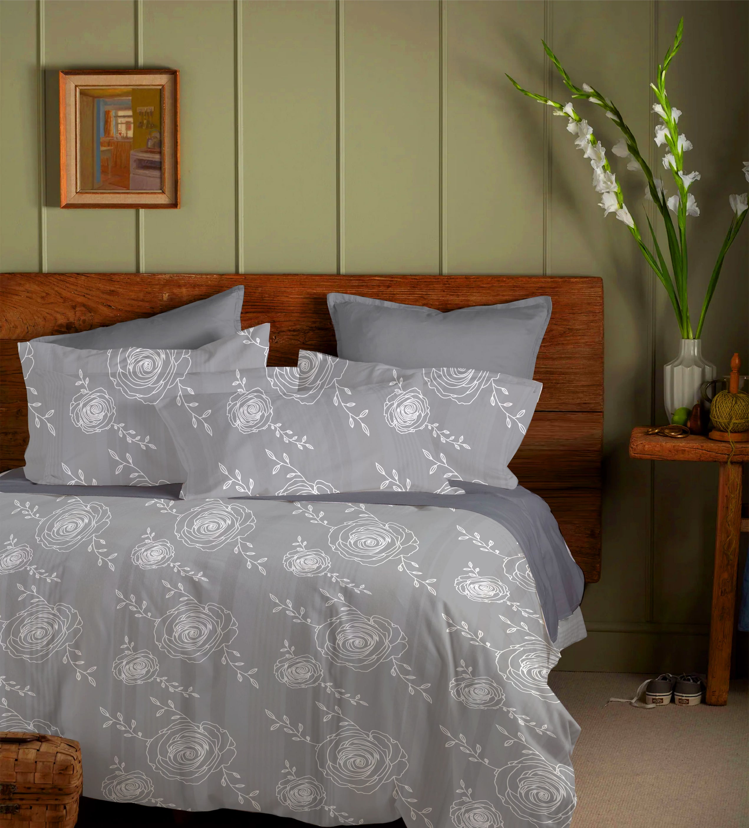 Muted Indian hand-block Dawn – Printed Stripe Queen Bedsheet Set