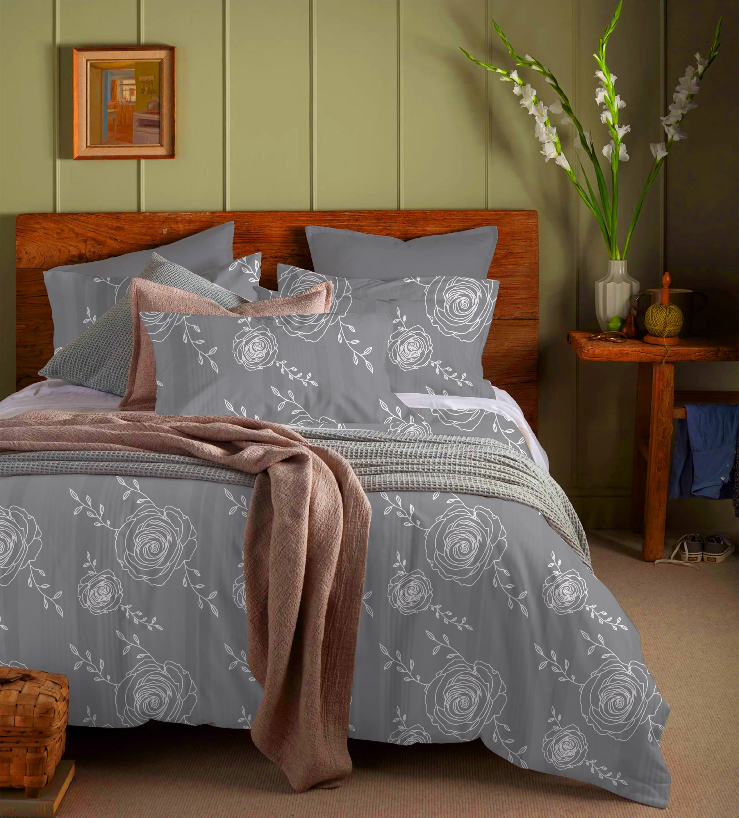 Muted Indian hand-block Dawn – Printed Stripe Queen Bedsheet Set