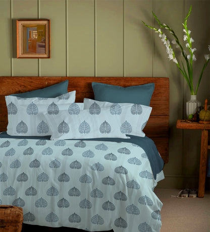 Blue Mirage Floral Bliss – Printed Stripe Queen Bedsheet Set