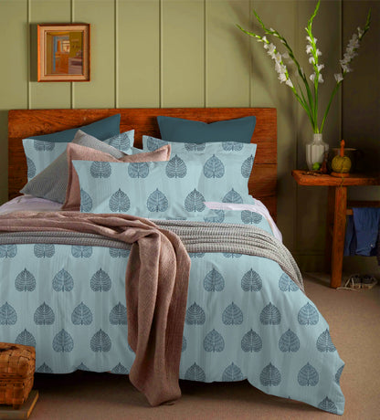 Blue Mirage Floral Bliss – Printed Stripe Queen Bedsheet Set