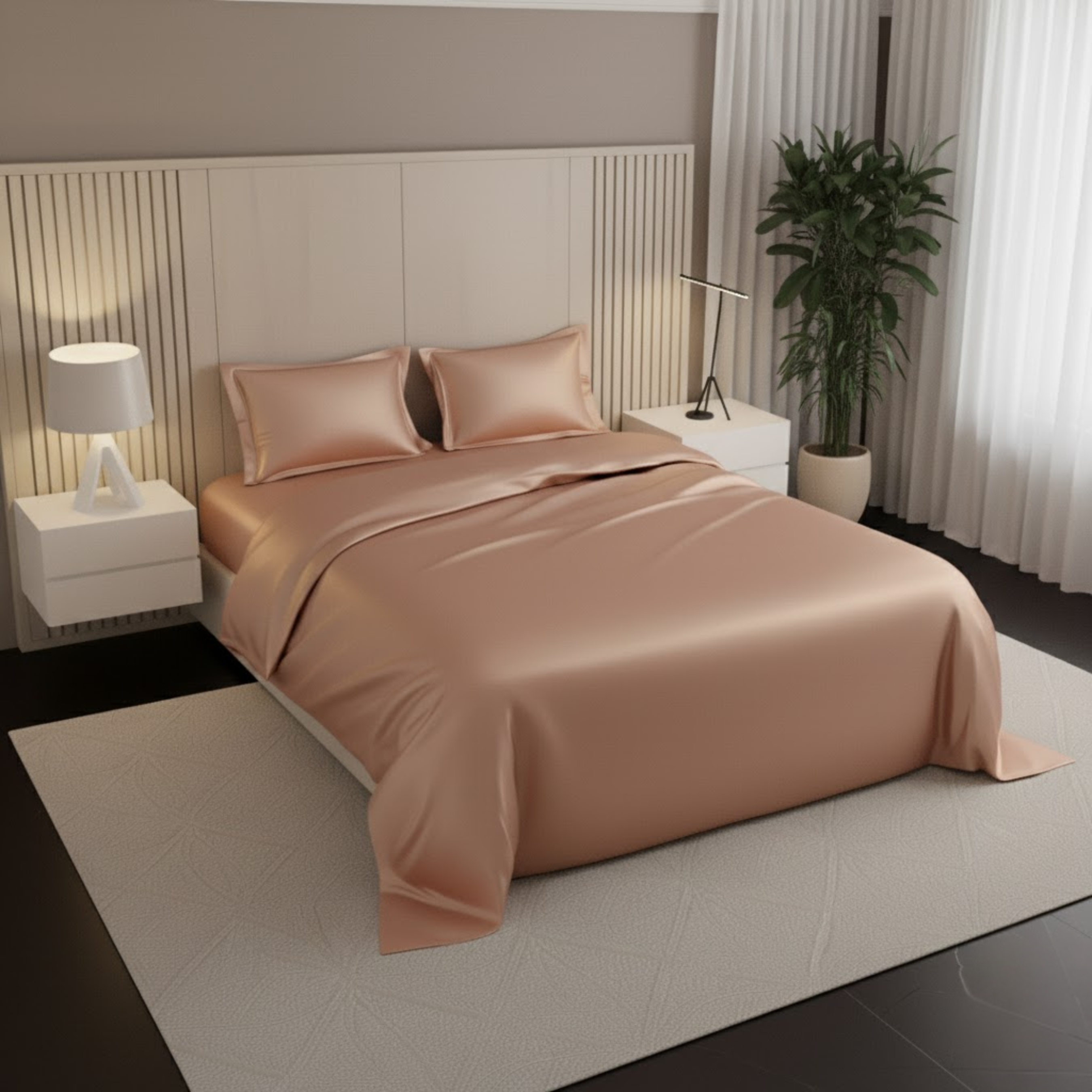 Azure Satin Fitted Bedsheet Set - Rose Gold