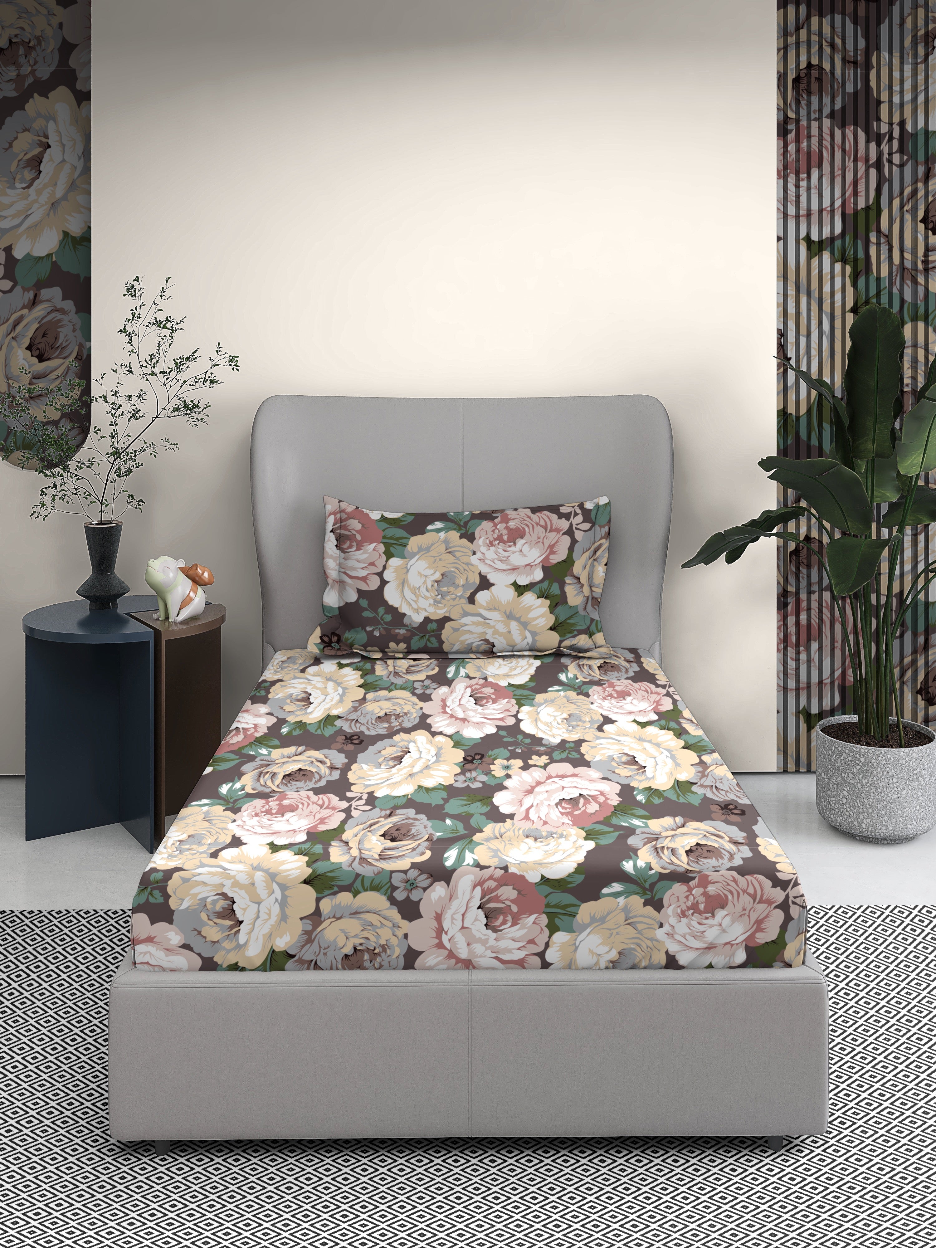 Floral Cotton Single Bed Sheet with Matching Pillow Cover