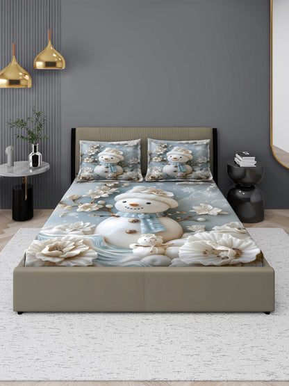 Snowman Fairy Tale King Size Bedsheet with 2 Pillow Covers